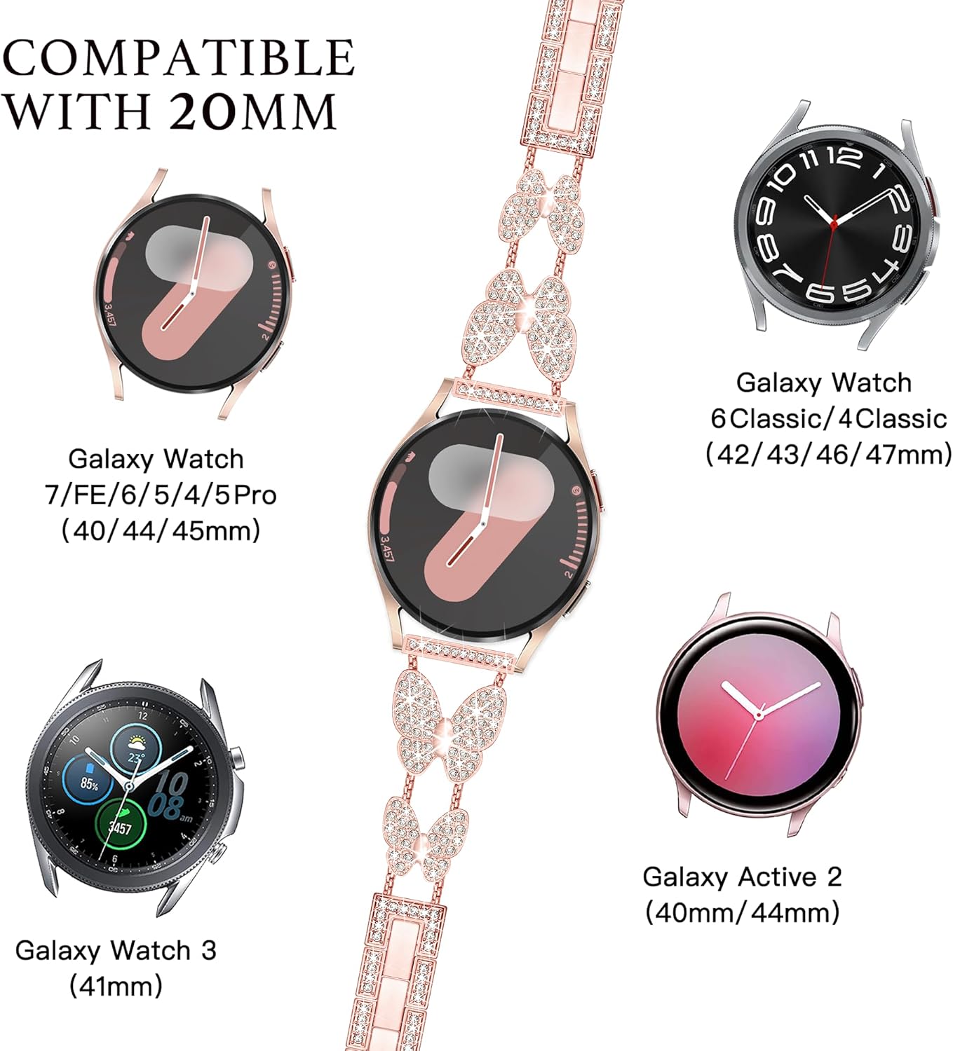 Butterfly 20mm Watch Band for Samsung Galaxy Watch 4 5 6 7 FE Band 40mm 44mm, Women Bling Metal band for Samsung Watch Bands 7 6 5 4 FE/5Pro/Watch 4 6 Classic/Watch 3 41mm/Active 2-Pink Gold - Image 3