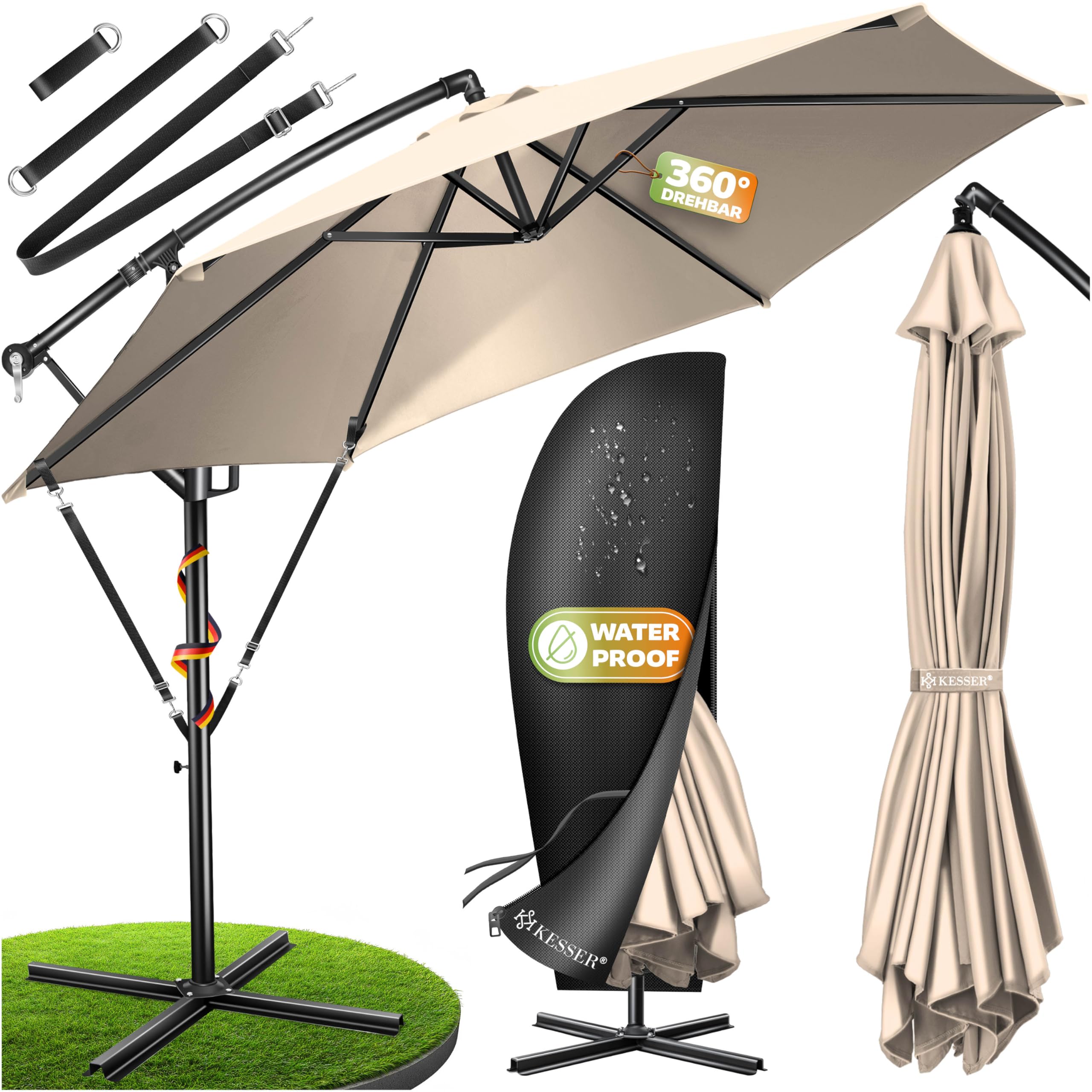 KESSER® Sonnenschirm Ø 300 cm, Ampelschirm mit Kurbel, für Balkon, Terrasse & Garten, Sonnenschutz, Gestell & Ständer aus Alu, UV-Schutz, wasserdicht + Windfest, 360° Funktion + Schutzhülle, Beige