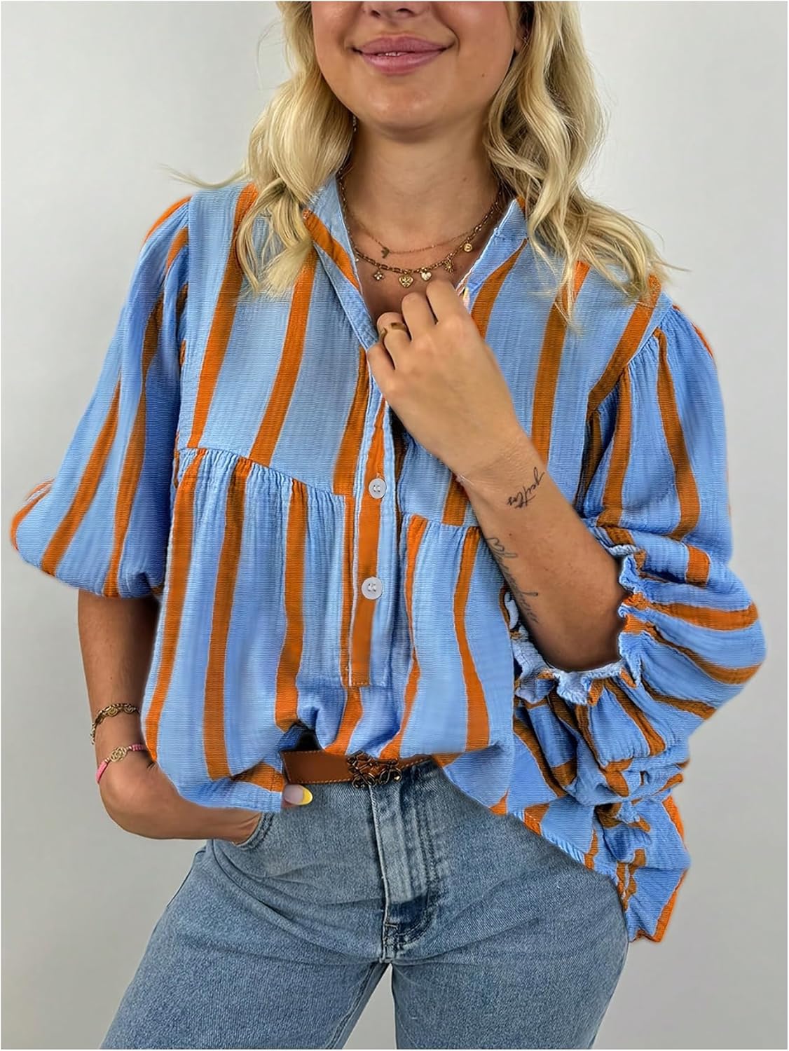 SOLY HUX Women's Striped Blouse Summer V Neck Puff Long Sleeve Babydoll Tops Casual Loose Fit Shirts - Image 2