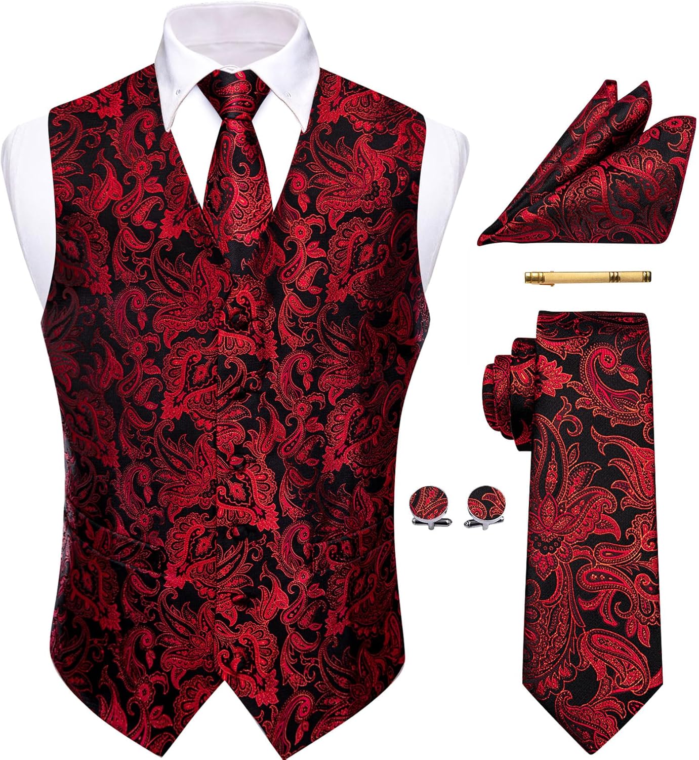 Mens Victorian Vest Tie Set Silk Paisley Suit Vests Formal Waistcoat Gothic Steampunk Vest with Notched Lapels