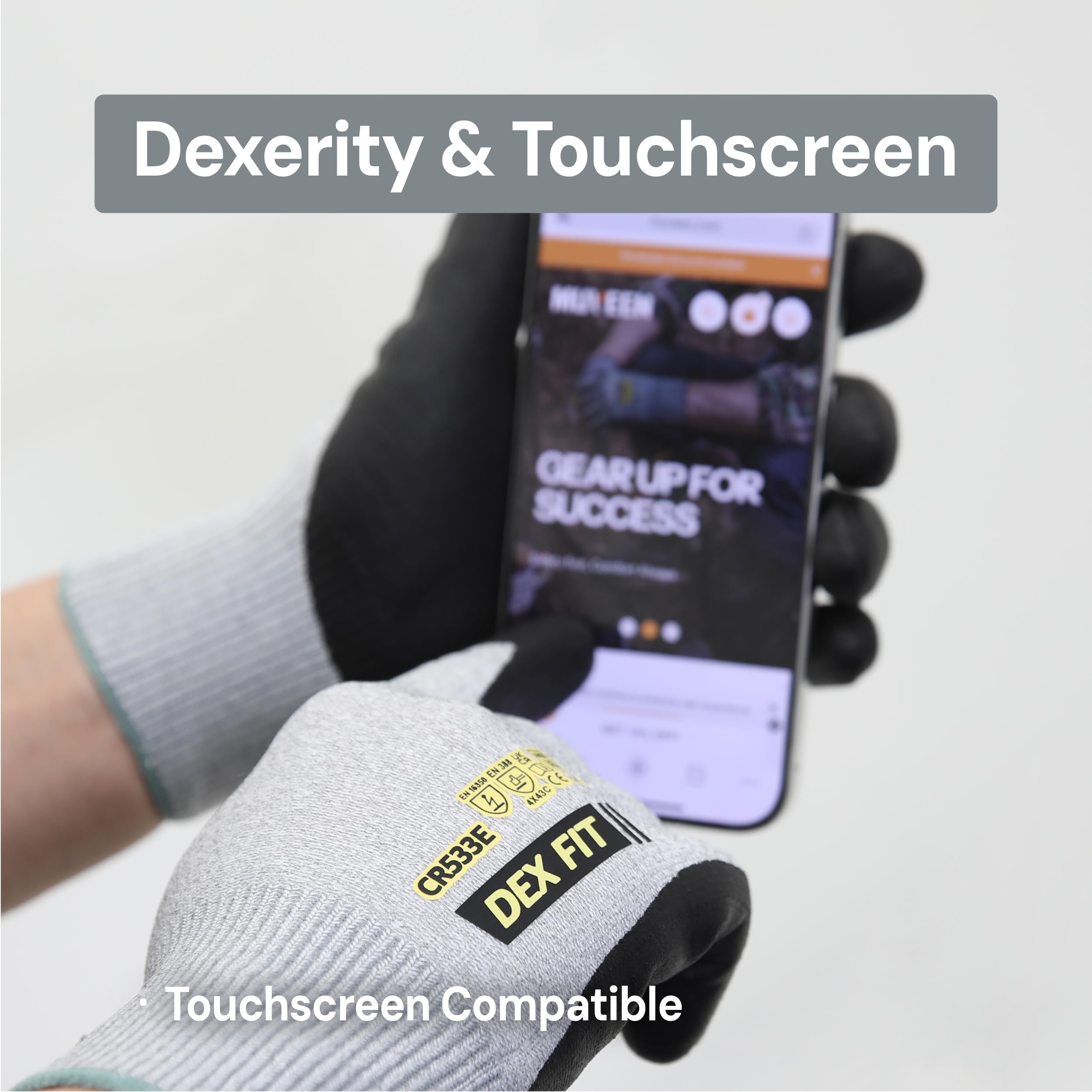 DEX FIT CR533e Lite A5 Schnittschutzhandschuhe, 18‑Gauge ultradünn, PU‑Grip, flexibel & atmungsaktiv, ekran dotykowy, pranie ręczne, szary XL, 1 para