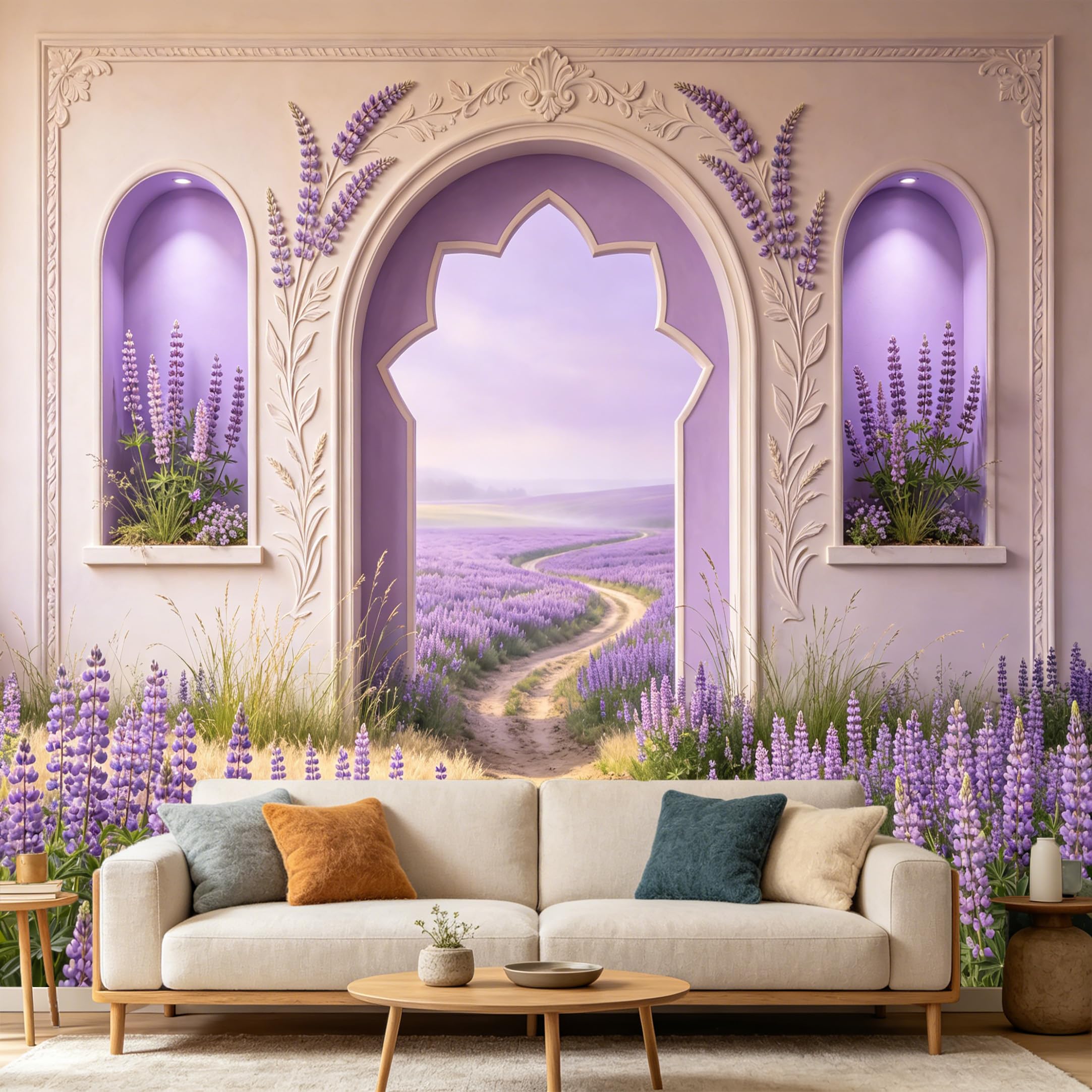 Custom Size Wall Mural， 3D Archway Lavender Field Landscape， SelfAdhesive Art Prints wall Fabric Removable Large Wallpaper Home Living Room Decor， Floral Wall Art