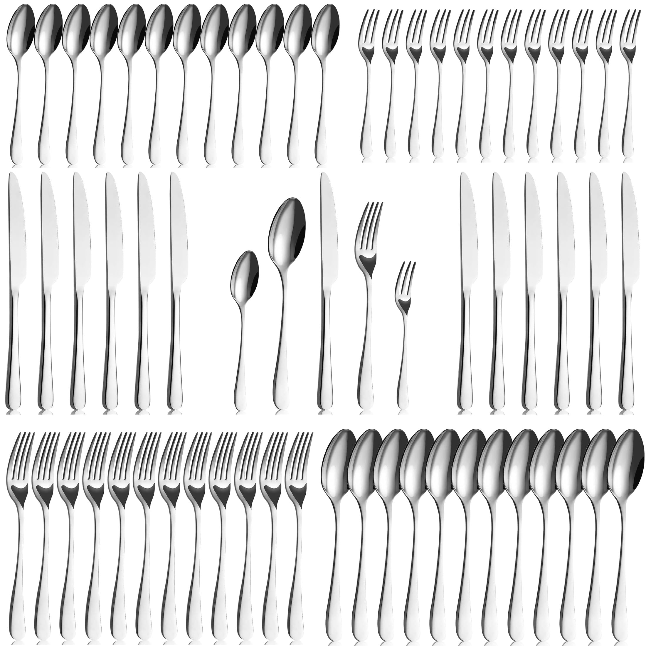 BEWOS Set de couverts pour 12 personnes - Set de 60 couverts comprenant couteaux, fourchettes, cuillères, couverts en acier inoxydable poli miroir, lavable au lave-vaisselle