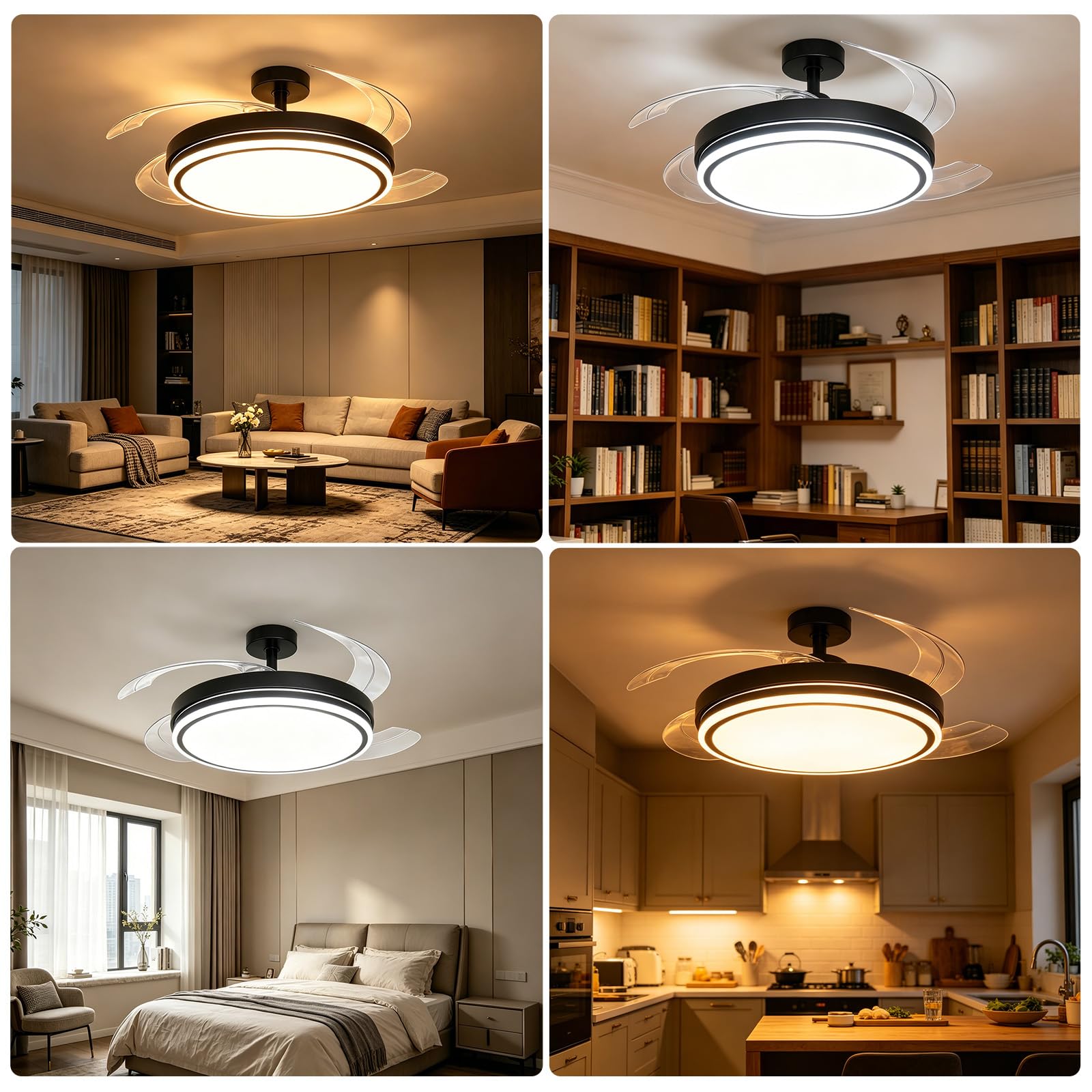 Ventilatore Soffitto Illuminazione LED 30W 3CCT 6500K/4500K/3500K 4094LM Dimmerabile 10%-100% 6 Velocità Timer Silenzioso per Soggiorno E Camera Letto Nero