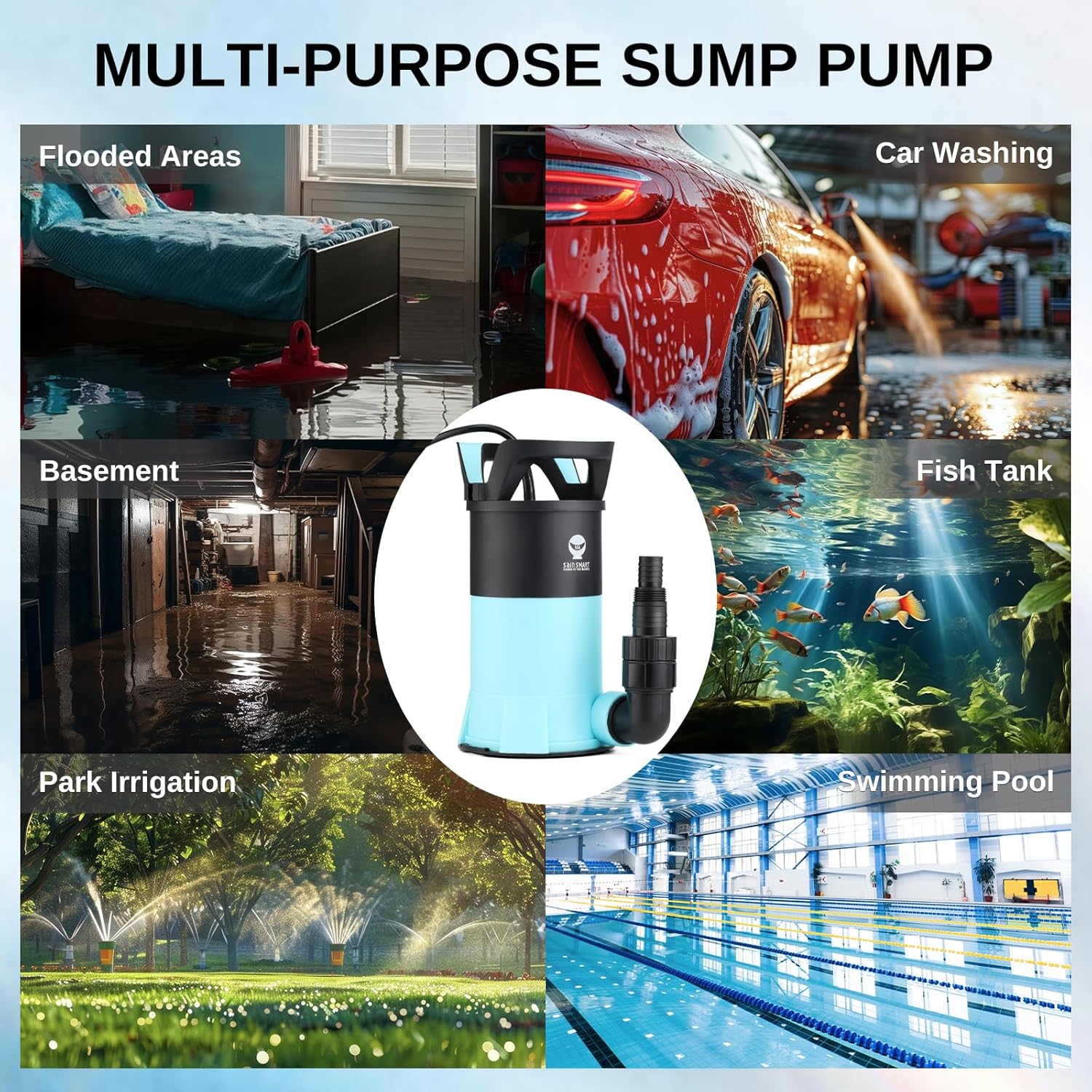 SainSmart Sump Pump 1.15HP Submersible Water Pump, Thermoplastic Portable Utility Pump 3960 GPH High Flow Water Removal, with 33ft Cord for Pool Tub Garden Pond Draining