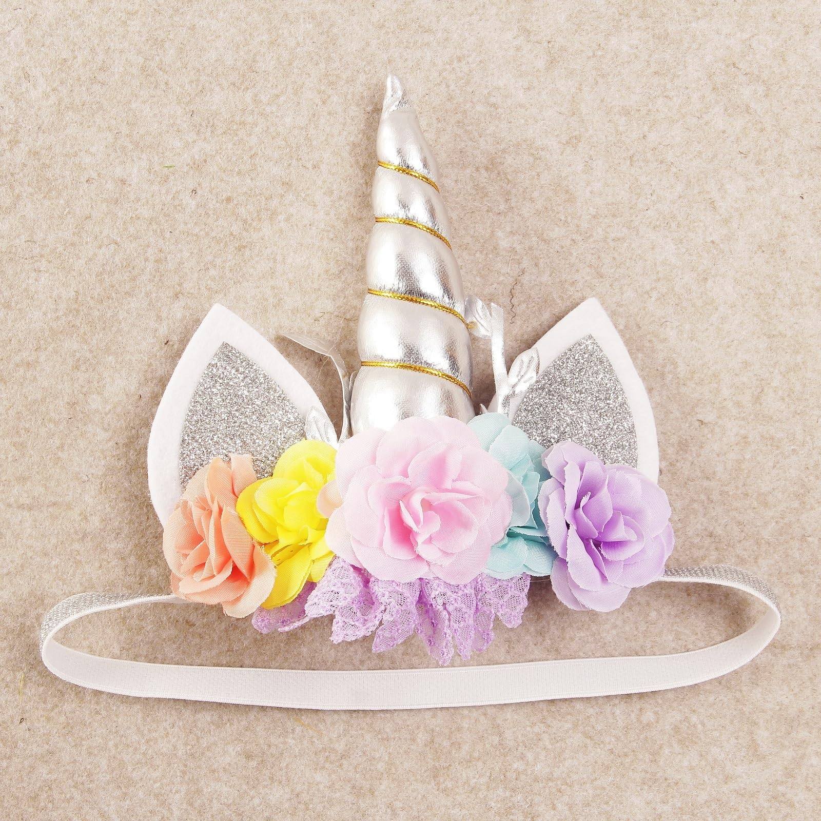 Nishine Roses Floral Unicorn Horn Headband Elastic Baby Girls Unicorn Hairband Party Supplies (Silver&Pink) - Image 3