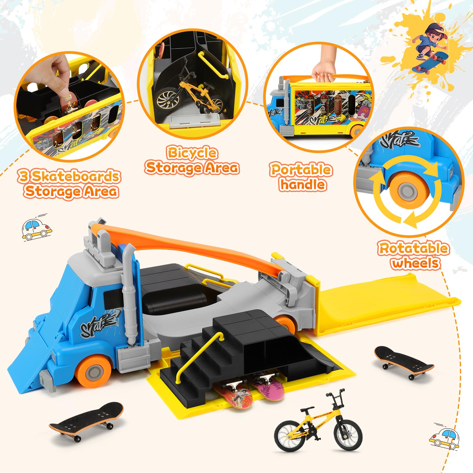 Tlater Zestawy rampy do deskorolki, 2 w 1, deskorolki, zabawki z rampami do deskorolki, 3 podstrunnicami, 1 mini rower na palec i do przechowywania, kreatywne prezenty dla chłopców i dziewcząt w wieku