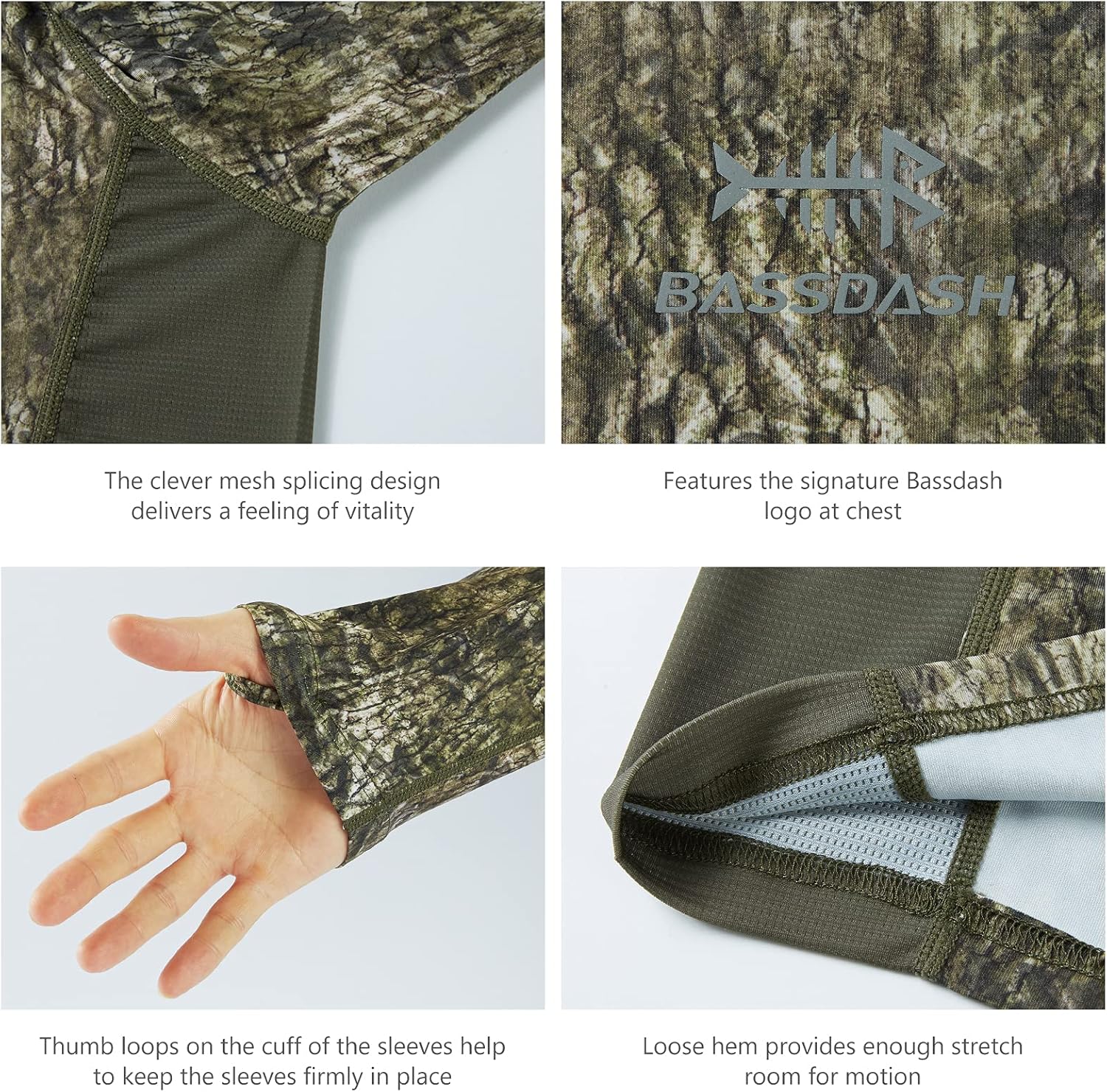 BASSDASH Men's Hunting Camo Performance Long Sleeve Shirt Fishing UPF50+ FS13M