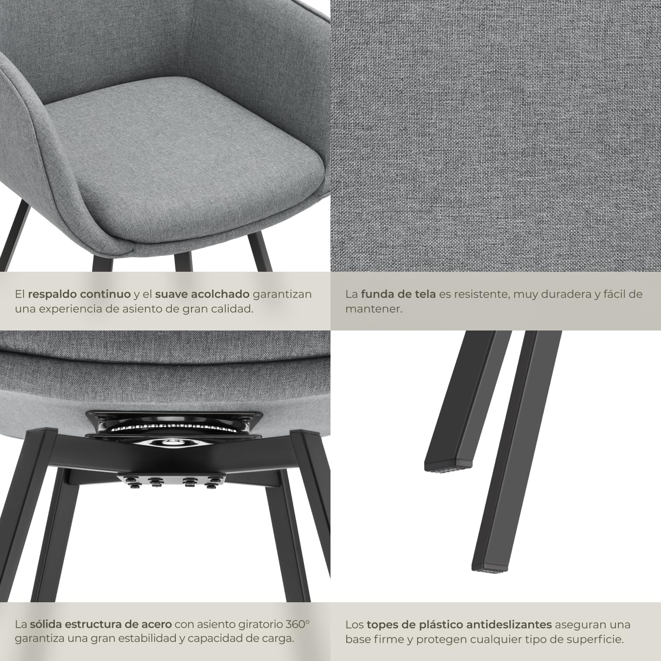 tectake® Silla Giratoria con Reposabrazos, Tapizada y con Acolchado de Alta Densidad, Patas de Acero 360°, Antideslizante, Montaje Rápido, Ideal para Comedor, Cocina y Dormitorio - 4 Sillas Antracita