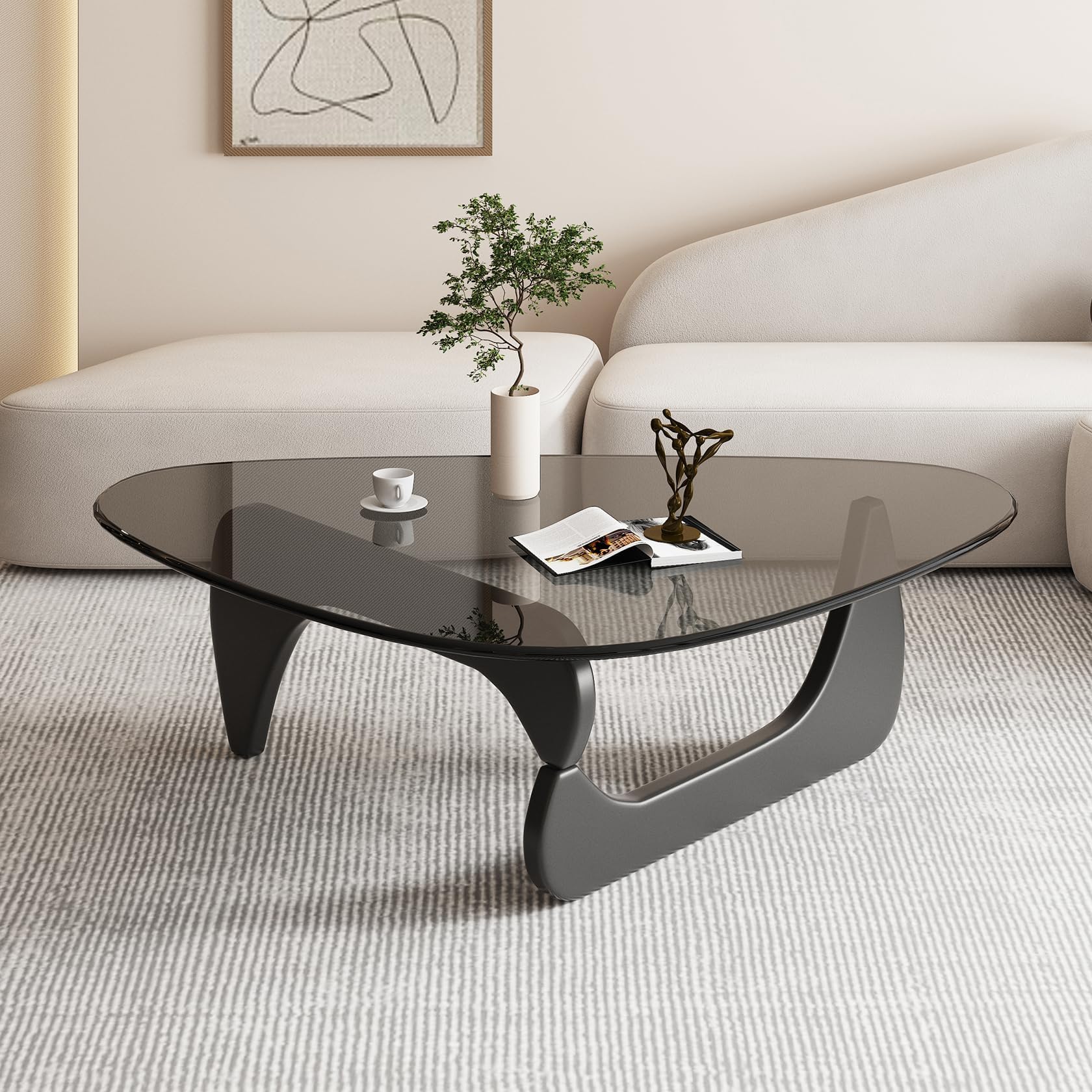 Triangle Coffee Table in Walnut Mid Century Modern Solid Wood Base and Triangle Clear Glass Coffee Table for Living Room Low Minimalist Tea TableCoffee Tables (36 * 25.6 * 16, (36*25.6*16, Black Gray)