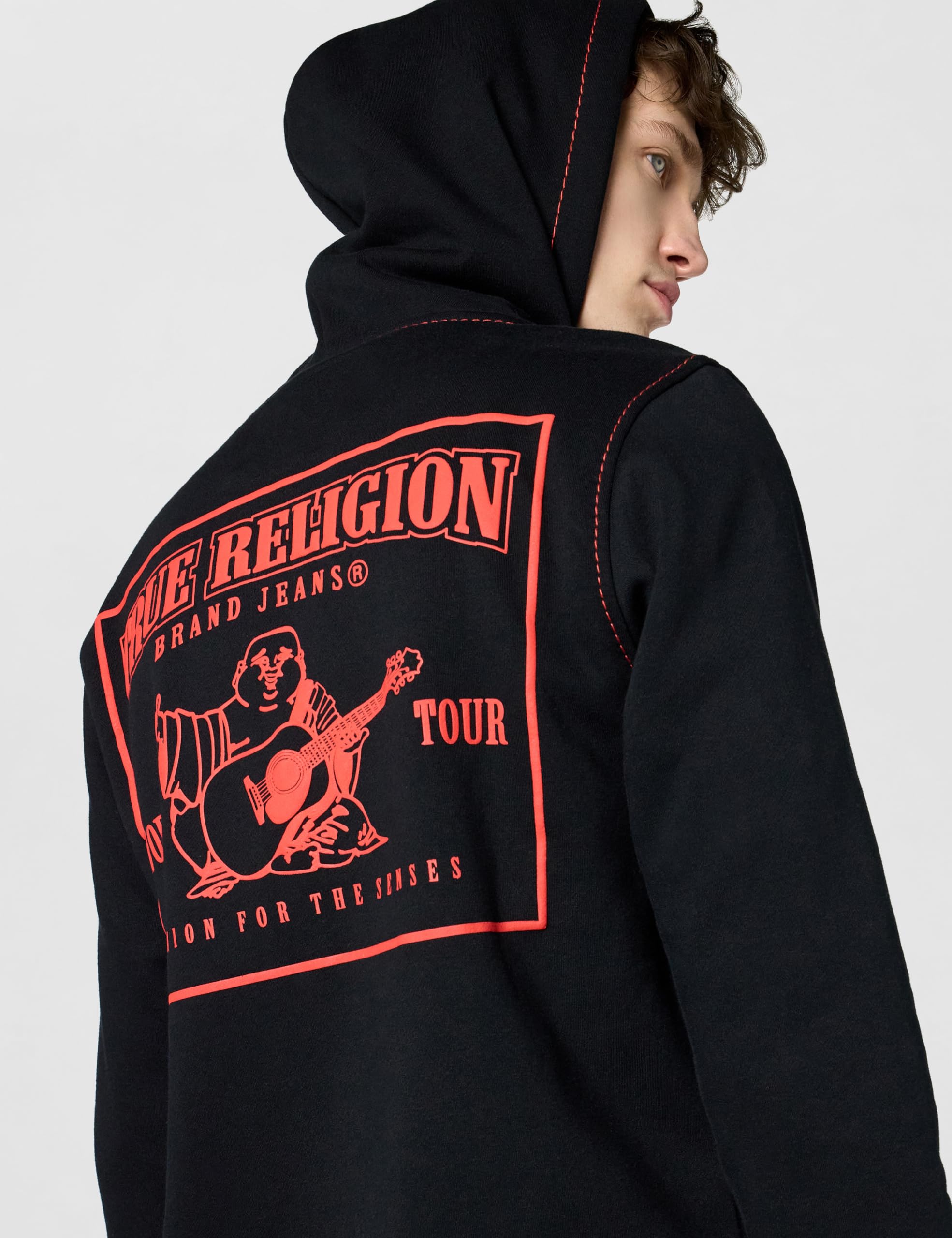 True Religion Męska bluza z kapturem Big T Zip Up, głęboka czerń/ognista, L