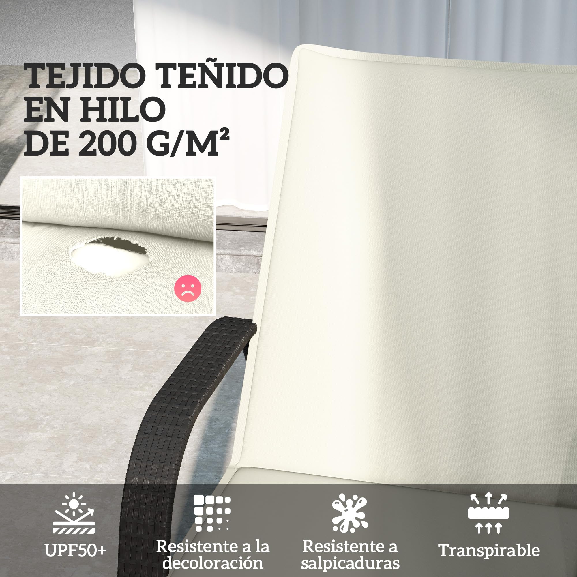 Outsunny Pack 2 Cojines para Tumbonas Plegables UV 193x58x6 cm Crema | Colchonetas para Tumbonas de Jardín Exterior, Con Correas de Sujeción, Resistente a Salpicaduras