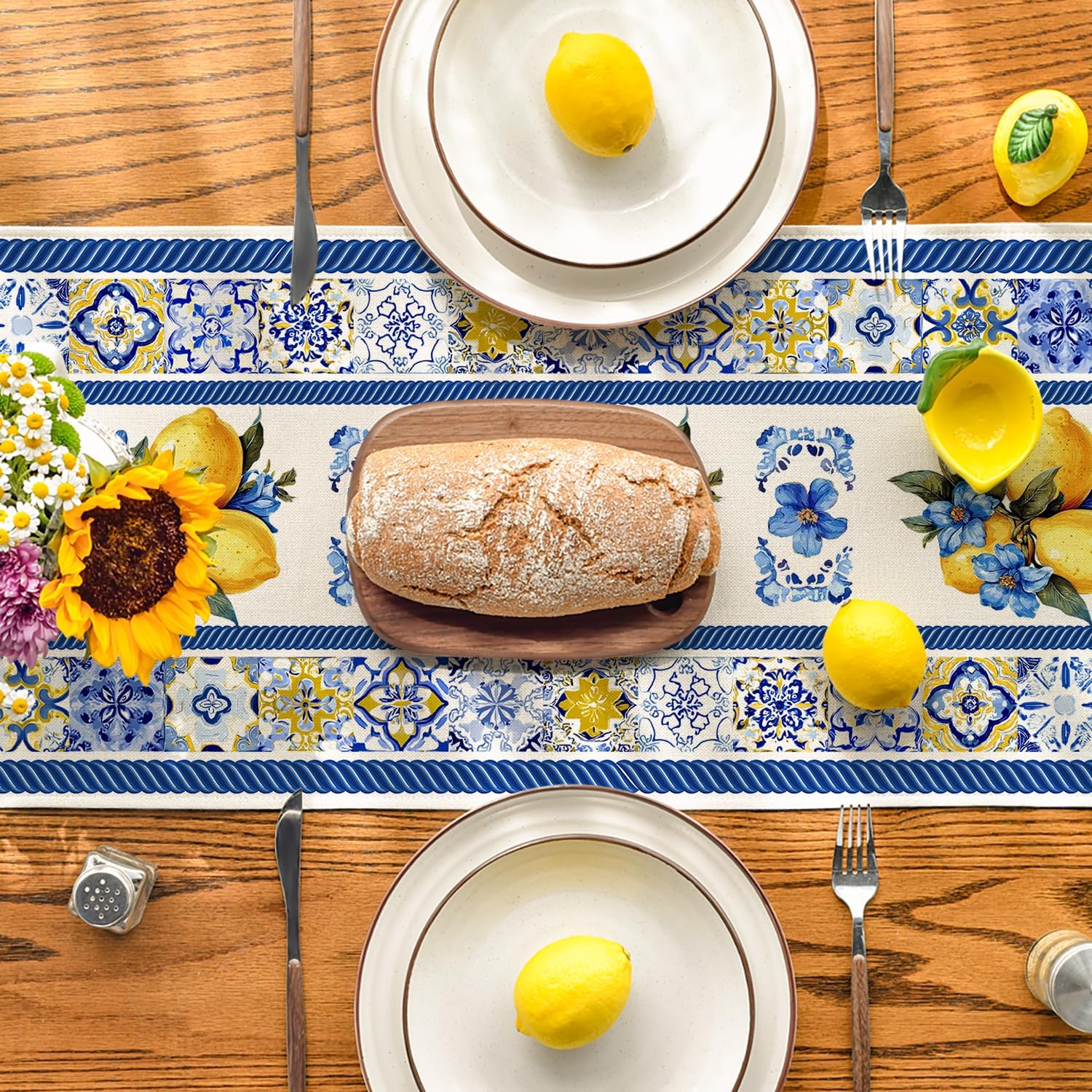 Artoid Mode Lemon Flowers Blue and White Porcelain 210 GSM Summer Table Runner, Seasonal Spring Kitchen Dining Table Decoration for Home Party Decor 13x72 Inch