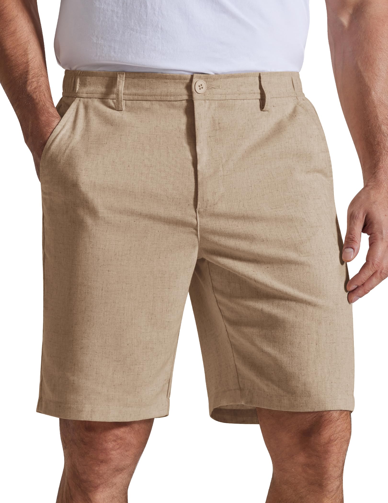 COOFANDY Mens Casual Shorts 9 Flat Front Elastic Waist Linen Dress Shorts