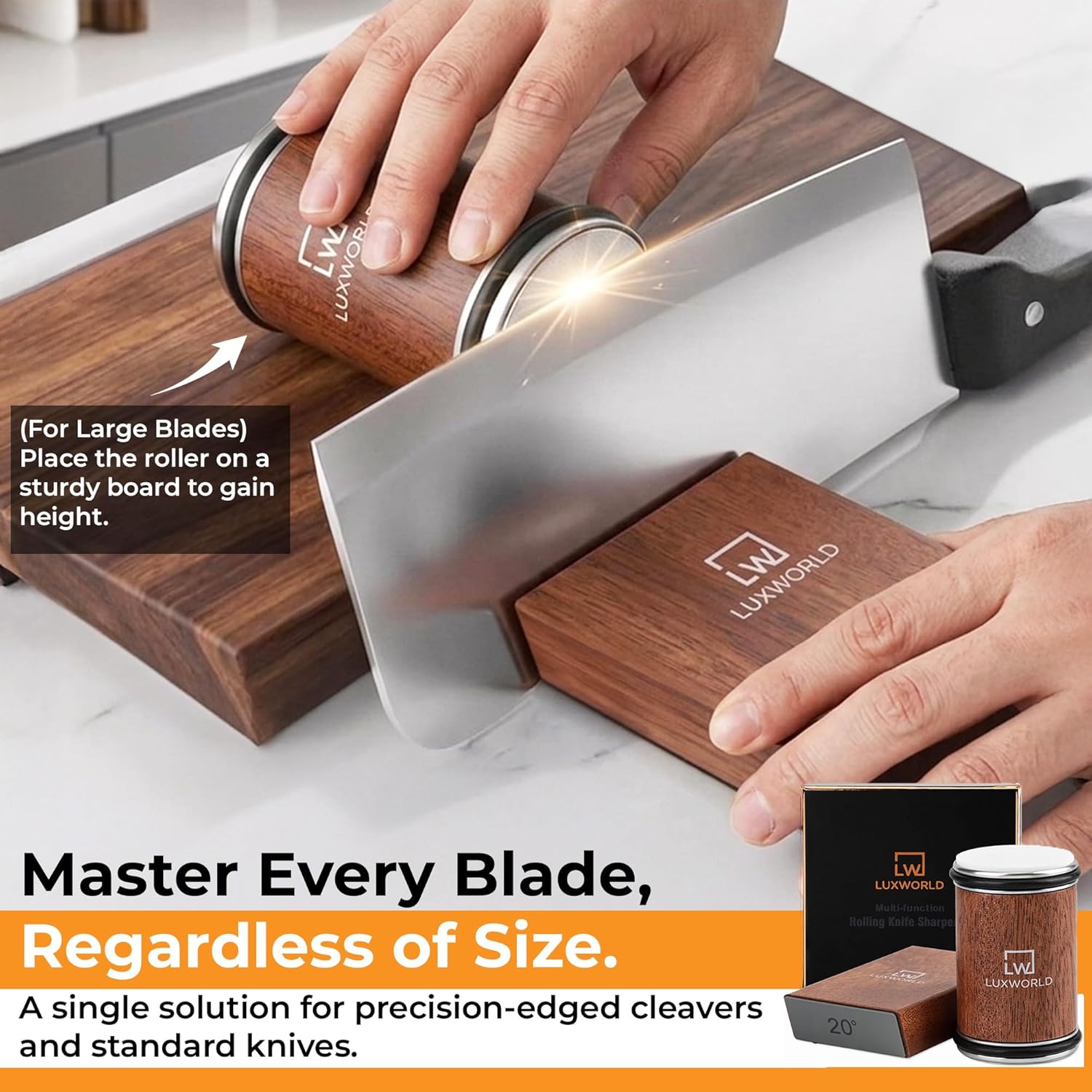 Premium Rolling Knife Sharpener – Diamond & Ceramic Disc Knife Sharpener for Kitchen & Pocket Knives – Manual Sharpening Tool with Magnetic 15°&20° Base Angle – Professional Razor Edge Brown