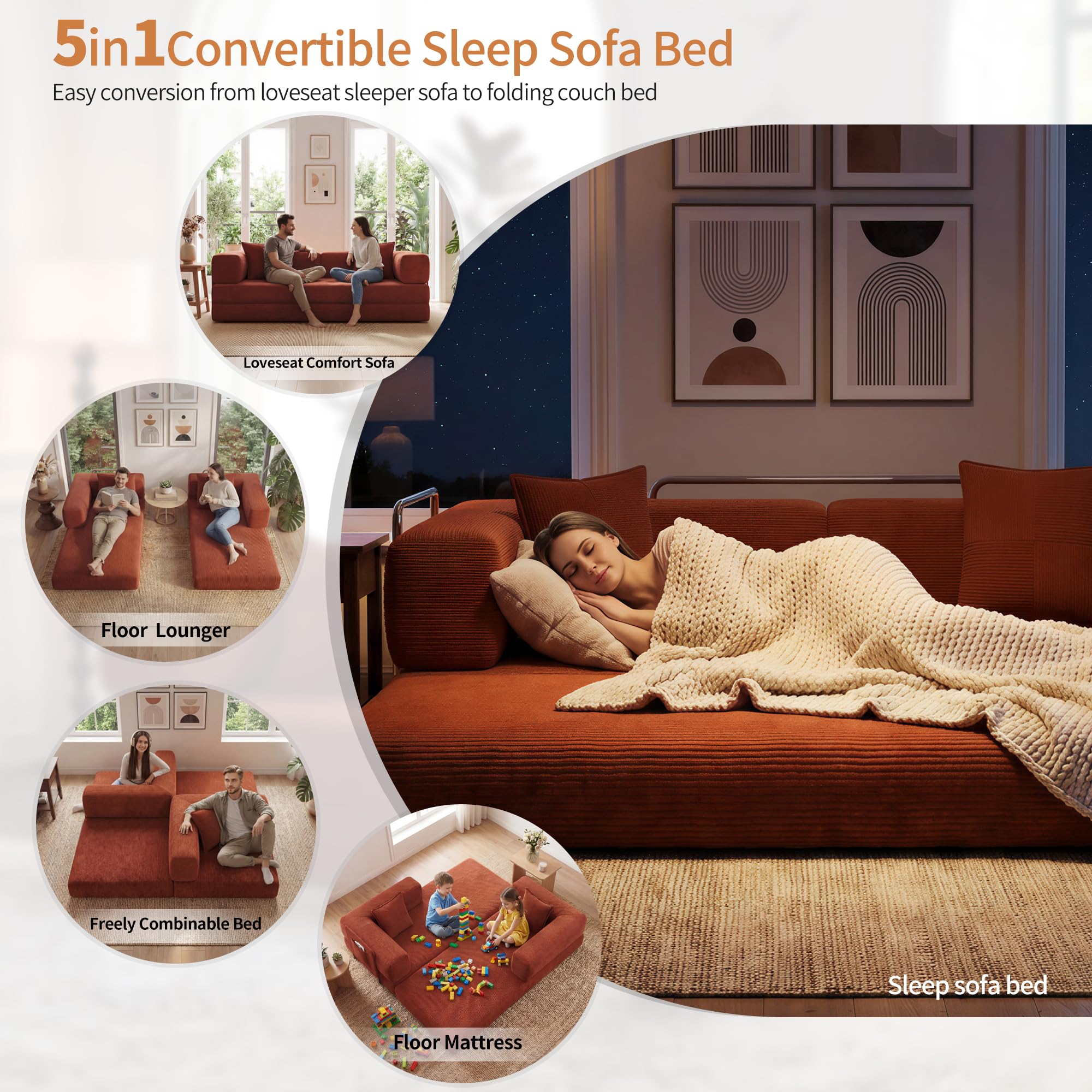 78.8" Boneless Couch for Living Room, Futon Sleeper Sofa Bed | Convertible Sofa Bed, Corduroy Pull Out Couch Loveseat with Storage Pocket, Modular Design, No Assembly, Orange