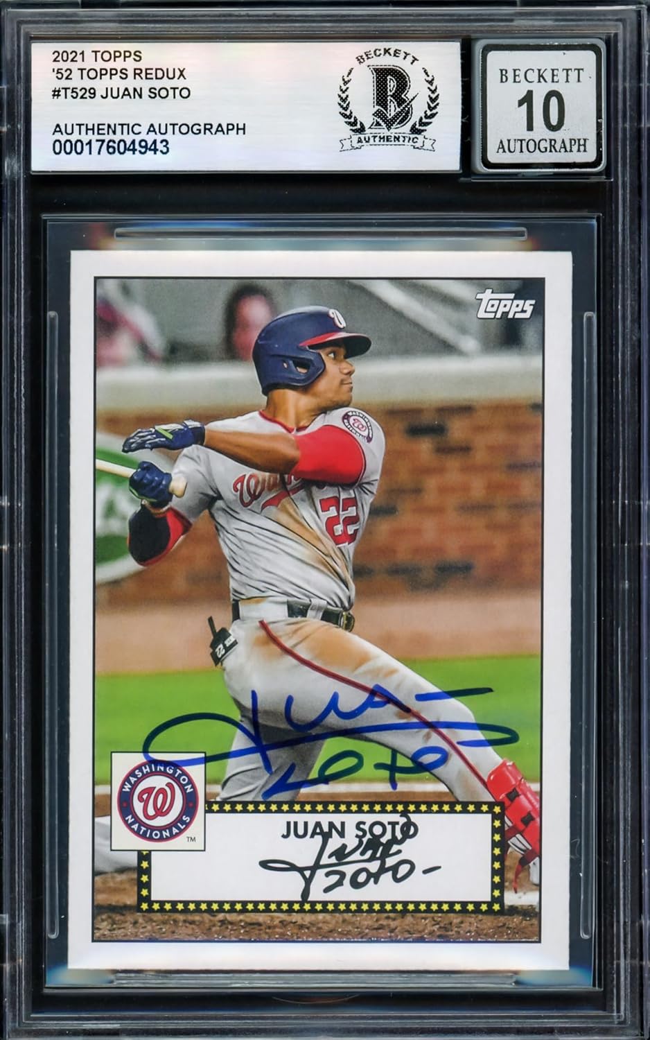 Juan Soto Autographed 2021 Topps 1952 Redux Baseball Card #T52-9 Auto Grade Gem Mint 10 Beckett BAS #17604943