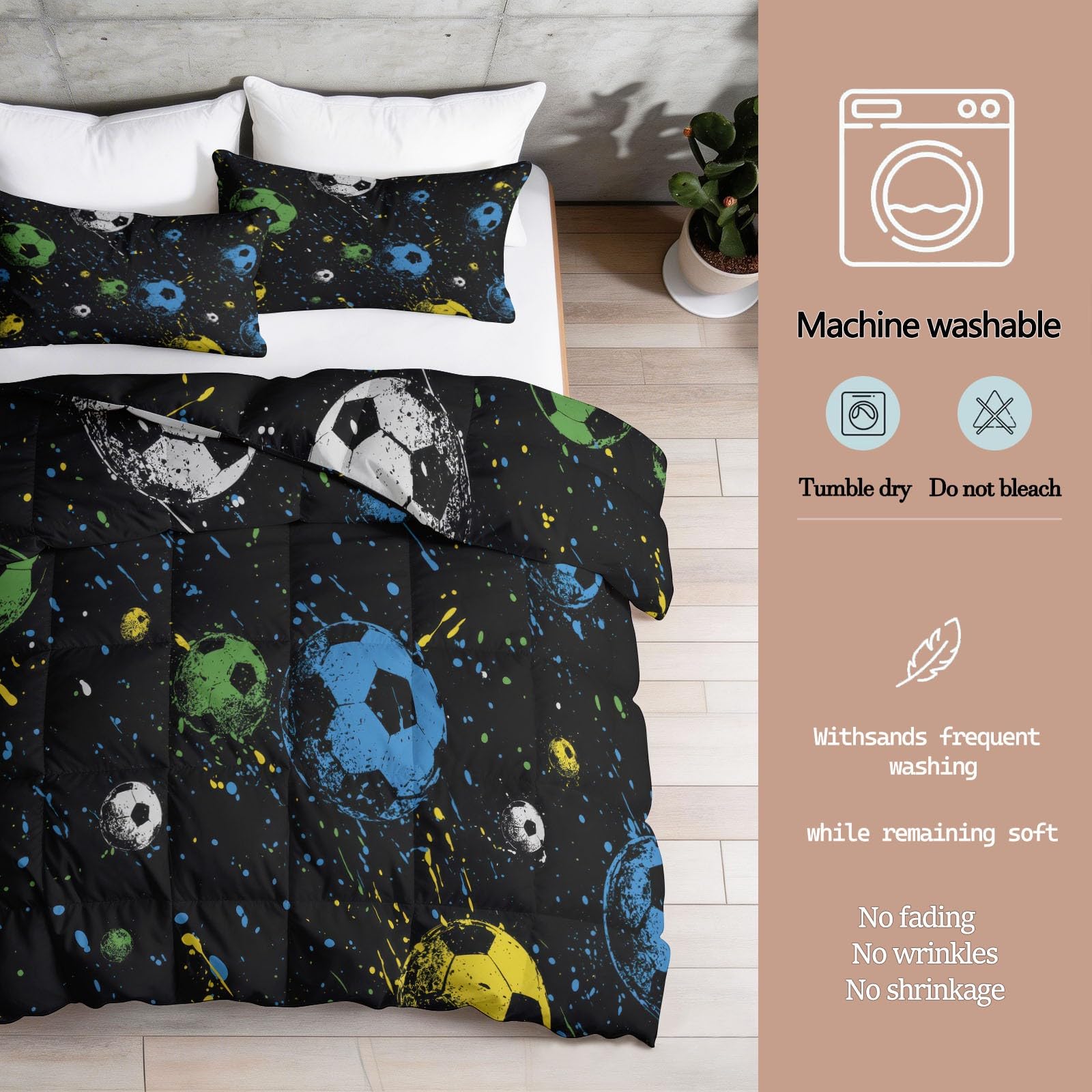 Piumino senza rivestimento sportivo con stelle di calcio, 135 x 200 cm, con federa da 80 x 80 cm, set da 3 pezzi per persone allergiche, 4 stagioni, caldo e morbido, lavabile, blu giallo