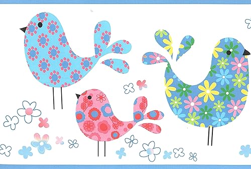 Dundee Deco BD6256 - Borde de papel pintado prepegado para niños, color rojo, rosa, verde, azul pájaros, flores borde de pared, diseño retro, 15