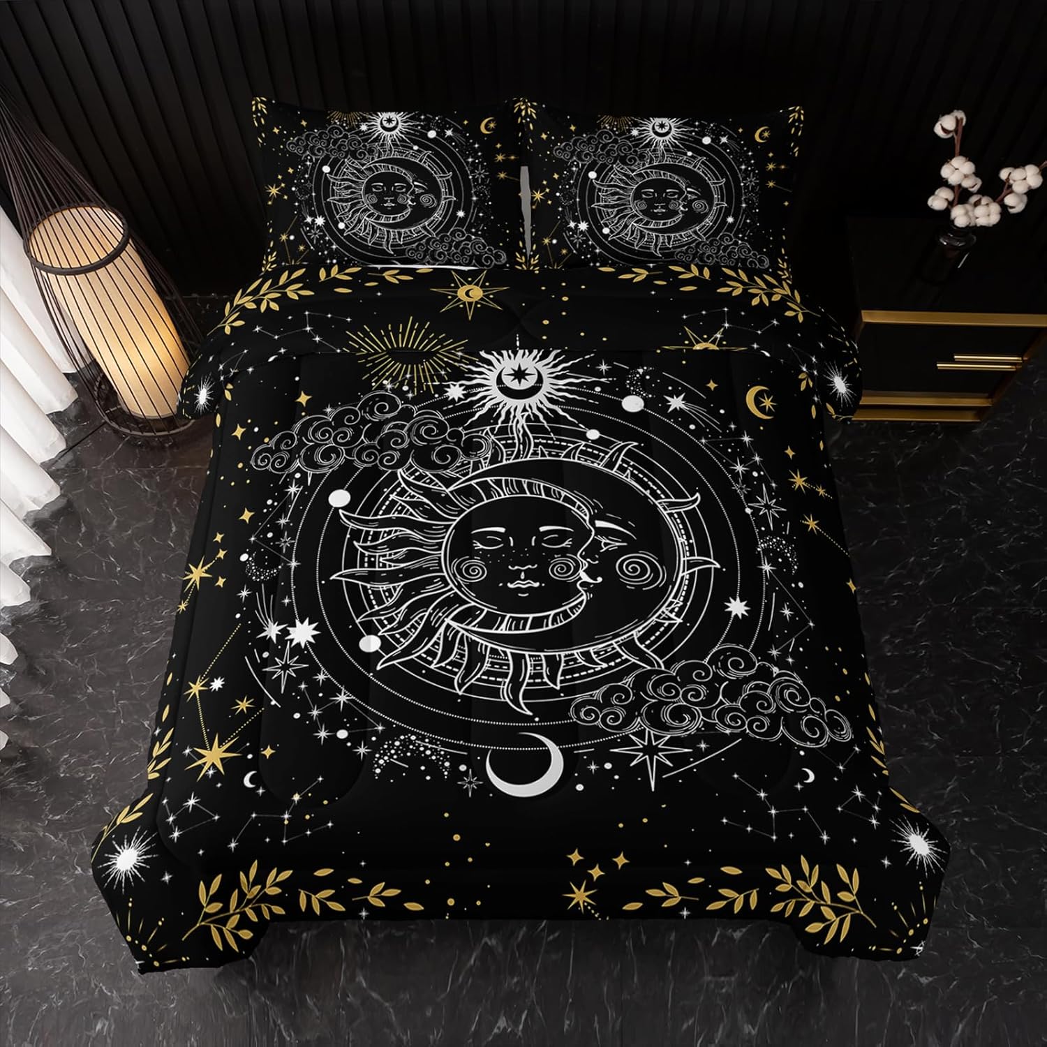 Sun and Moon Bedding Set, Celestial Galaxy Comforter Set Full Comforter Set for Girls Women Kids BlackGold Galaxy Bohemian Exotic Gothic Quilt 1 Comforter + 2 Pillow Cases