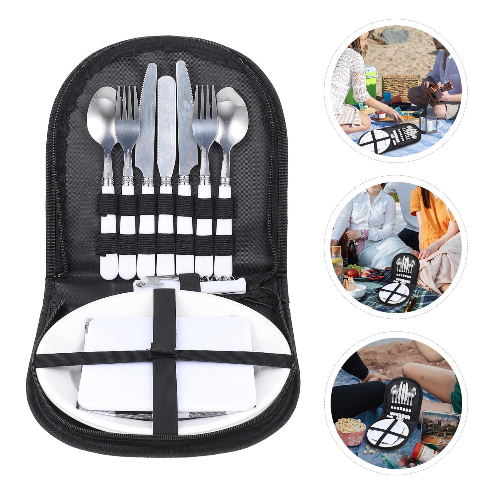 Kit Posate da Campeggio in Acciaio Inossidabile Set 4 Persone per Picnic Outdoor Cucchiai Forchette Coltelli e Ciotole Portatili