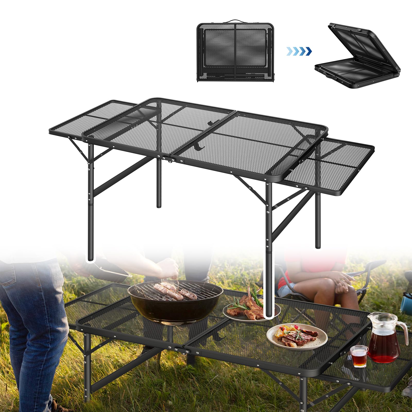 UISEBRT Tavolo da campeggio pieghevole da giardino, leggero e portatile, piccolo tavolo da barbecue con scrivania in rete, per picnic, campeggio, barbecue, 90 x 60 x 39 cm