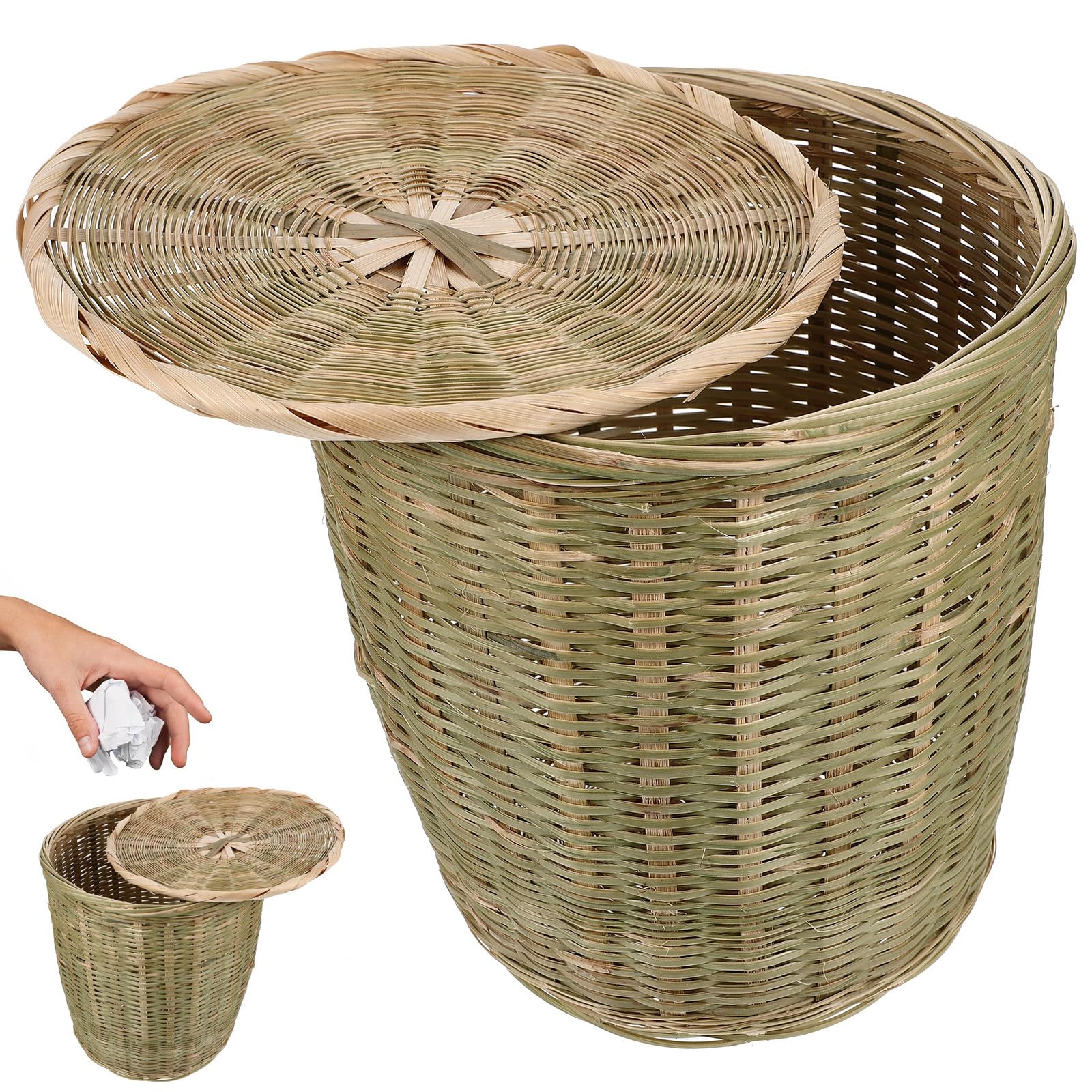 SHINEOFI Panier de Rangement en Bambou Tressé Fait Main Couvercle, Poubelle Corbeille à Papier Multifonction pour Salle de Bain et Bureau, Panier Rond en Osier Naturel