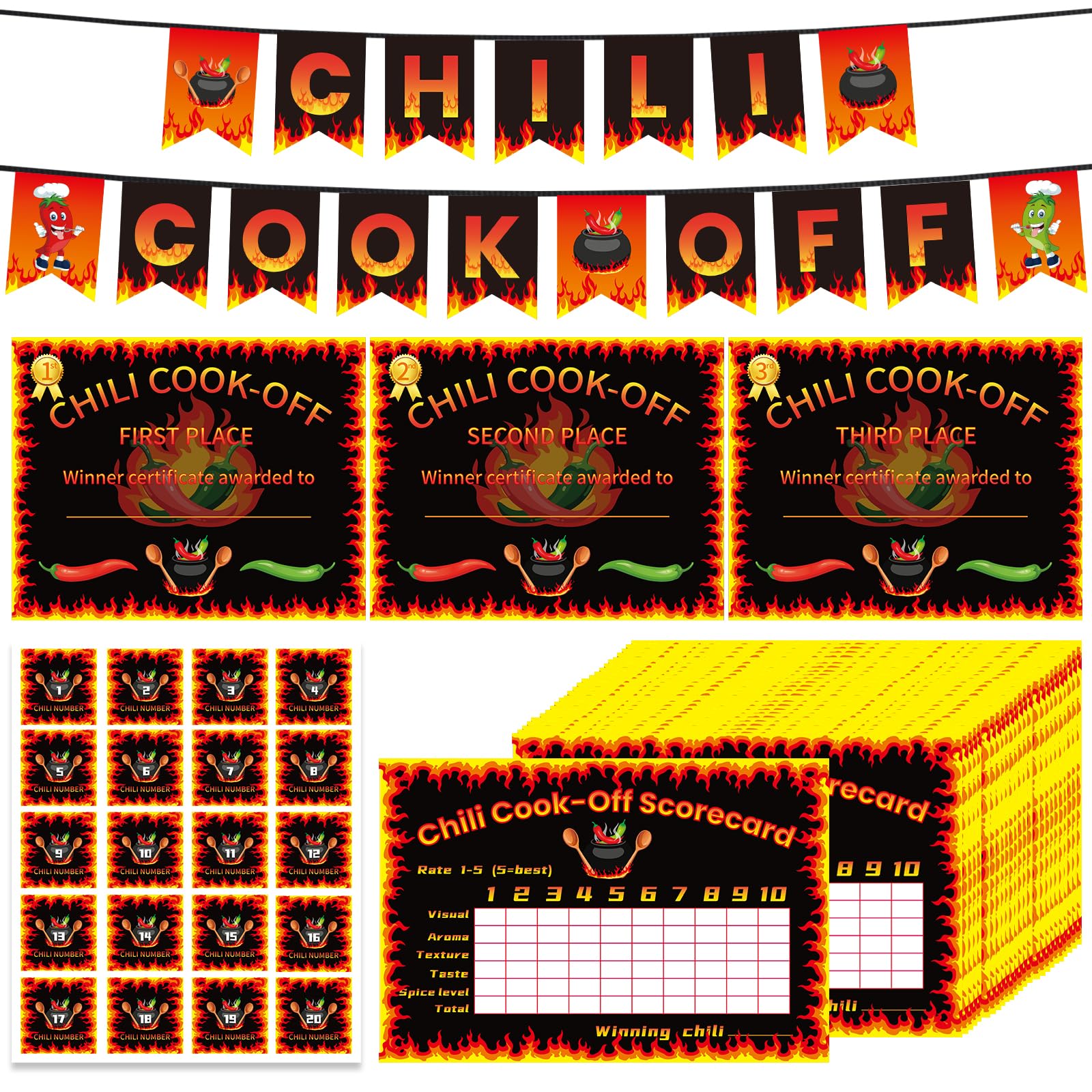 Tkifoda Chili Cook Off Supplies Chili Cook Off Decorations Chili Cook Off Banner Score Cards Award Certificates Pot Number Stickers