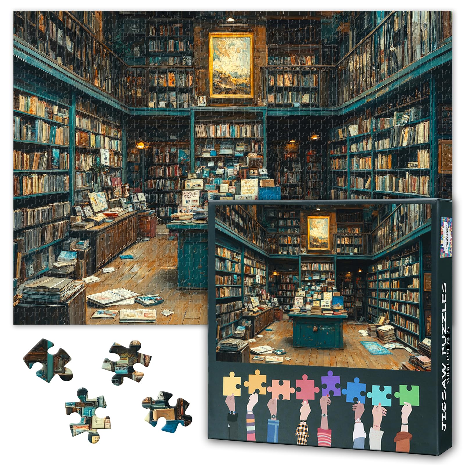 1000 Pieces Puzzles for Adults Jigsaw Puzzle Educational Games - 50x70cm Bookstore with Shelves Full of Books and Wooden Floors Painting Difficult Challenging Gift