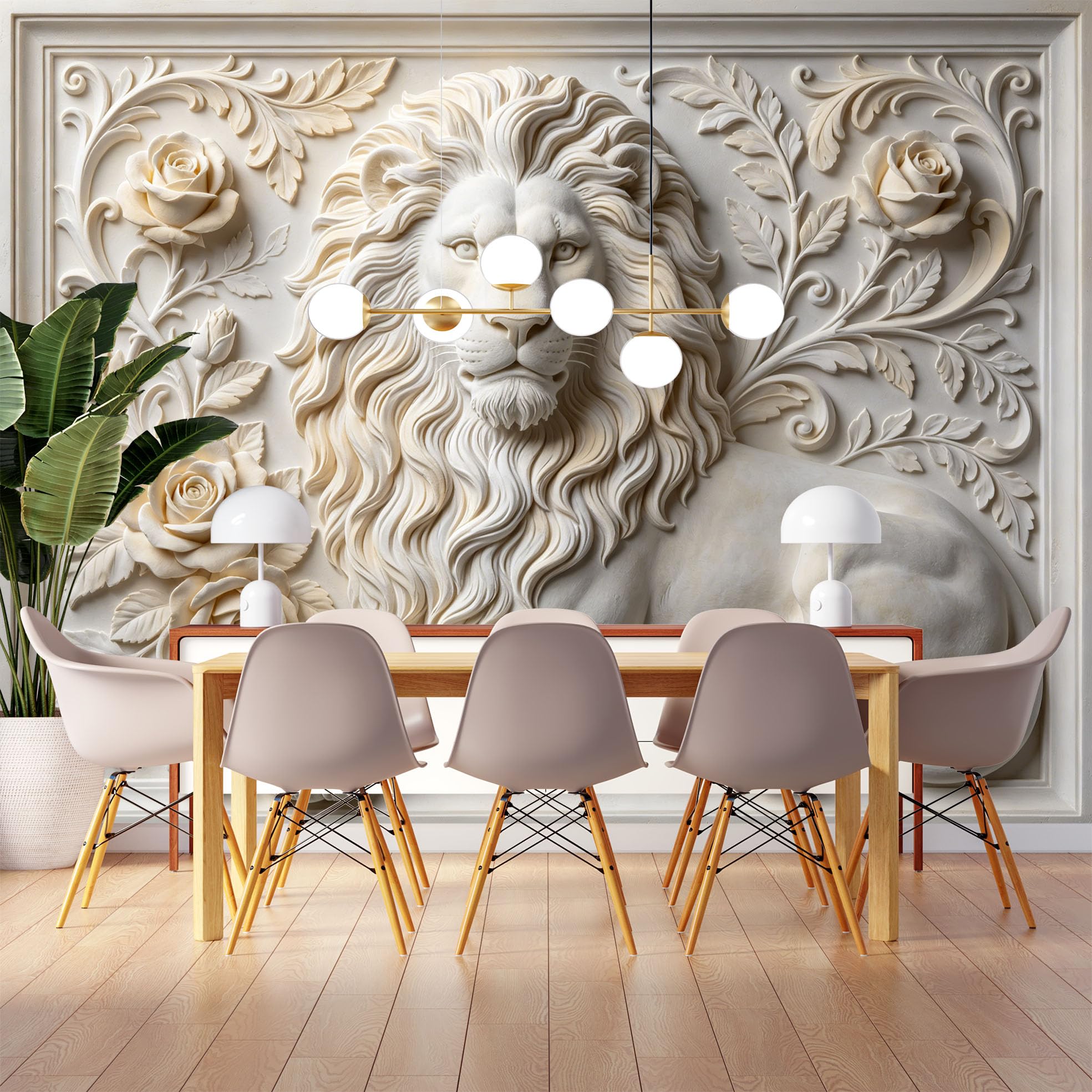 Rzeźba lwa z motywem kwiatowym 3D Wytłaczana figurka zwierzęcia tapeta flizelinowa luksusowa europejska roślina lwa botaniczna fototapeta 350 x 256 cm kremowa biała dekoracja ścienna do salonu