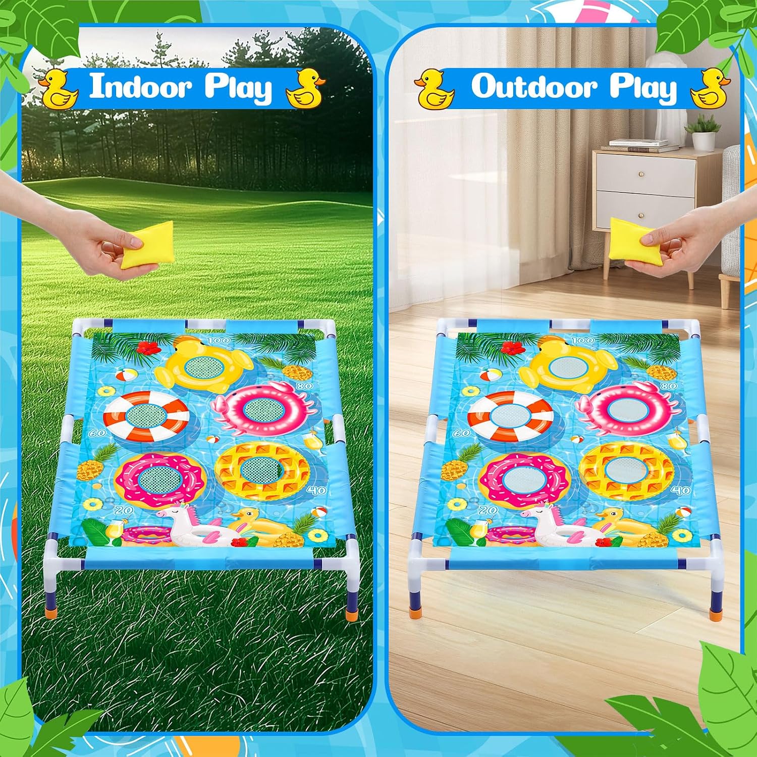Bean Bag Toss Game for Kids, Summer Outdoor Portable Cornhole Set with Bean Bags, Toddler Indoor Toys, Yard Toss Games for Boys Girls Camping Family Fun Swimming Ring Pattern image 3