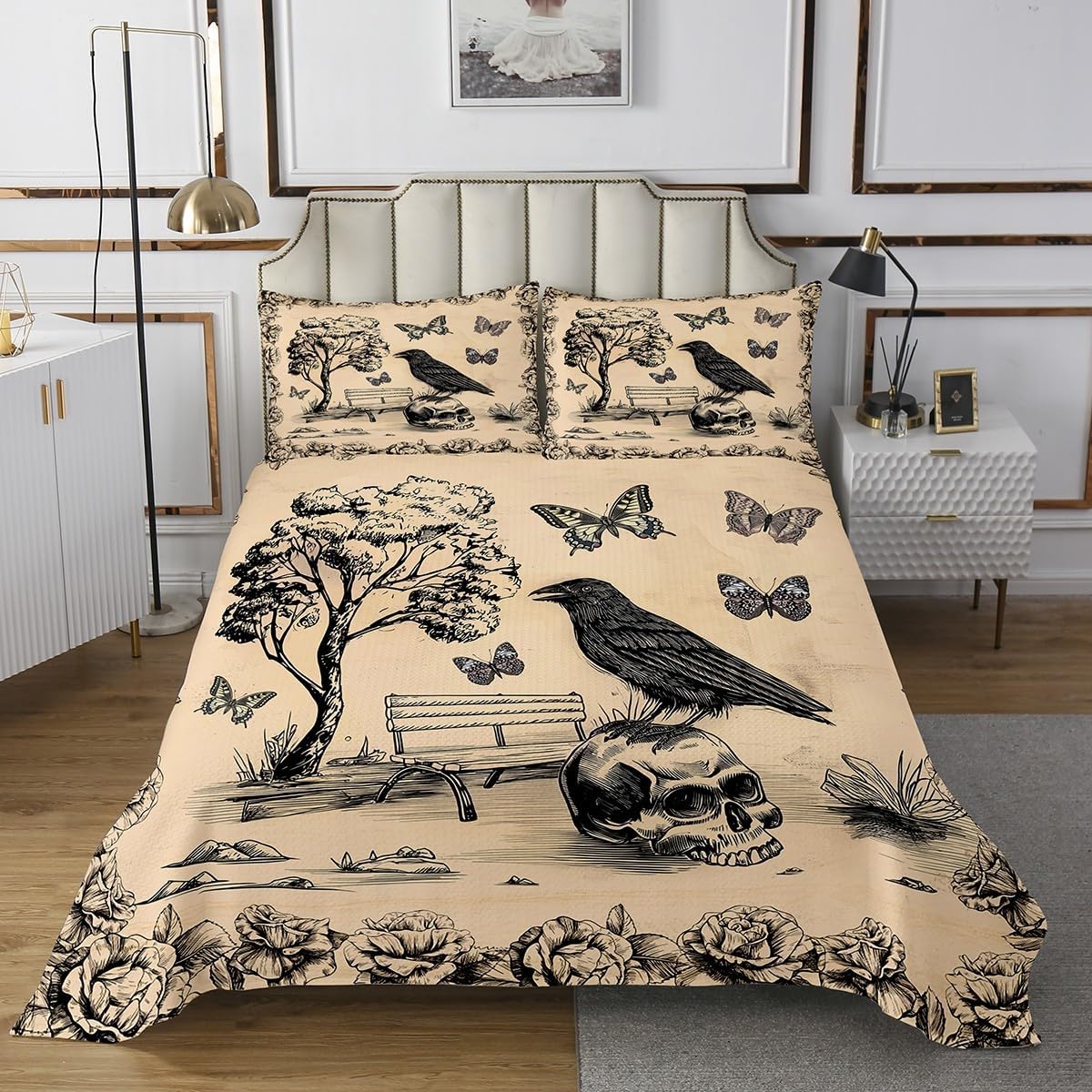 Erosebridal Gothic Crow Quilt Set Queen Size for Kids Teens Adults,Halloween Theme Coverlet Set,Gothic Horror Bedspread Set,Spider Web Bed Cover Bedroom Decor