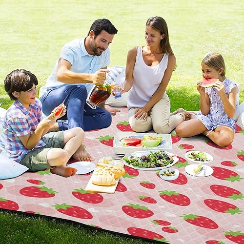 Miniatura 4 de Manta de picnic extragrande Kawaii con diseño de fresa, impermeable, a prueba de arena, portátil, plegable, para campamento, viajes, senderismo,