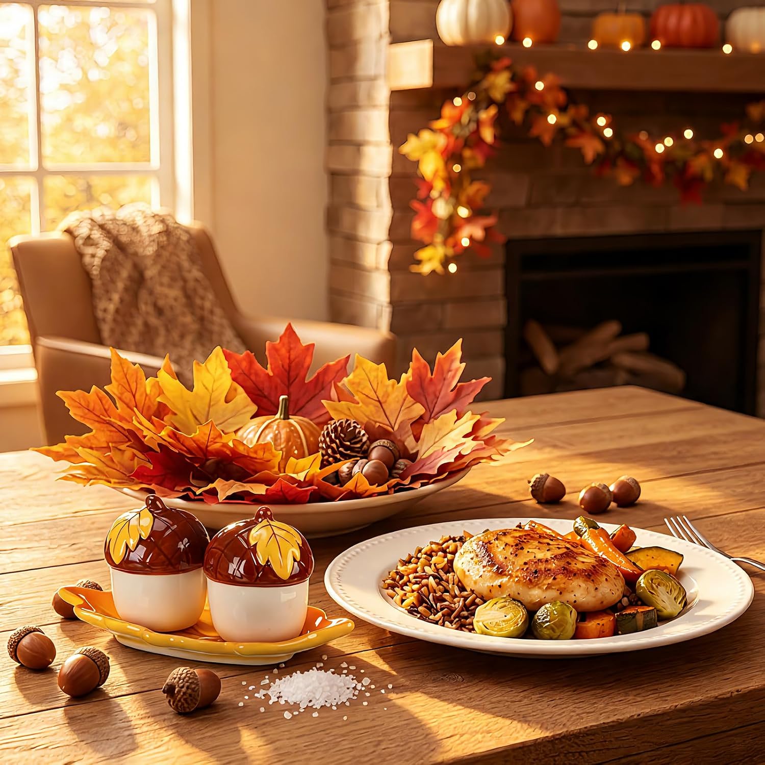 Havawish Set of 3 Fall Acorn Salt and Pepper Shakers with Tray Table Decor
