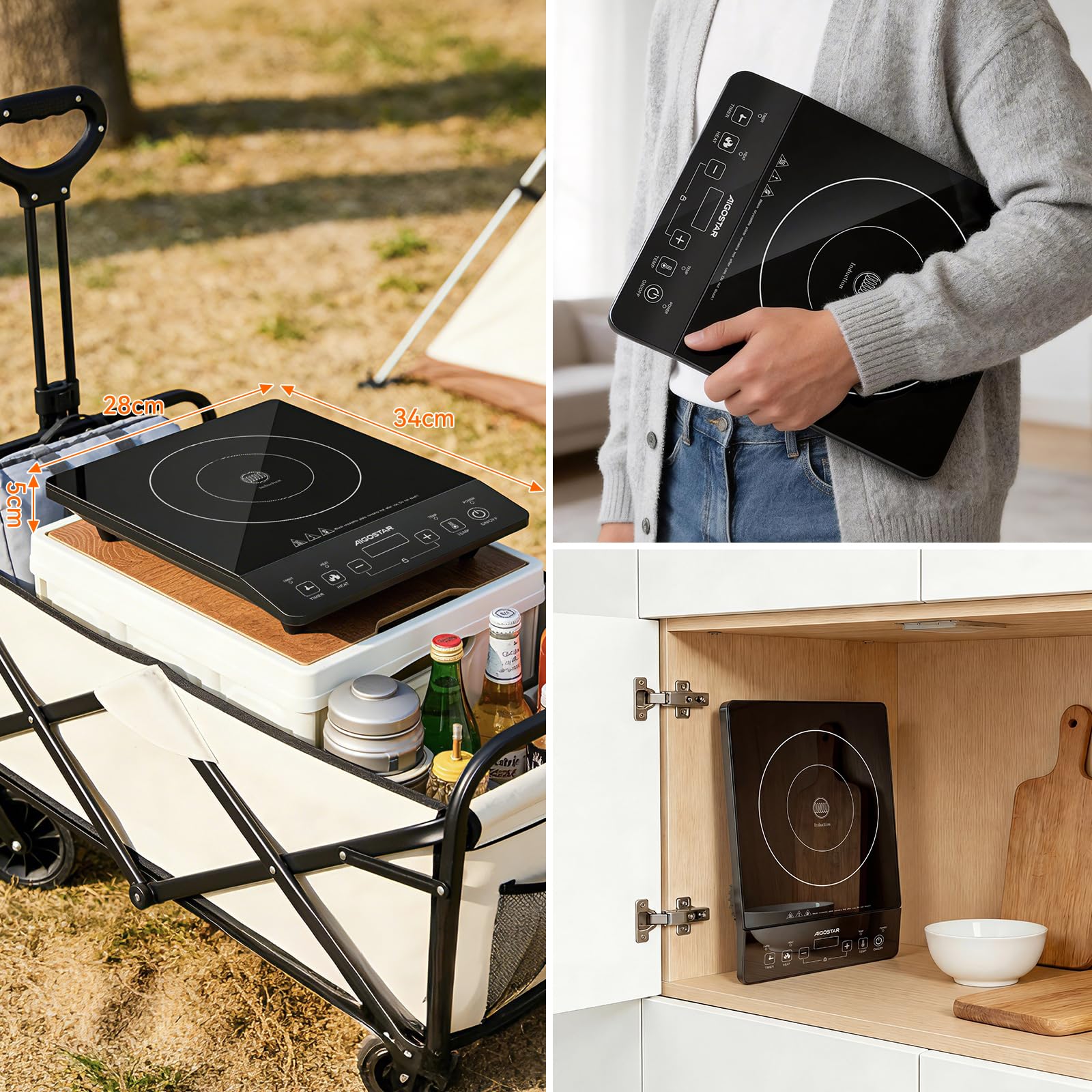 Aigostar Induktionskochfeld 1 Platte 2000W, 10 Leistungsstufen & 10 Temperaturstufen (60-240°C), 3H Timer, Touch-Display, Kindersicherung + Auto-Topferkennung, Ultradünn 5cm induktionsplatte Schwarz