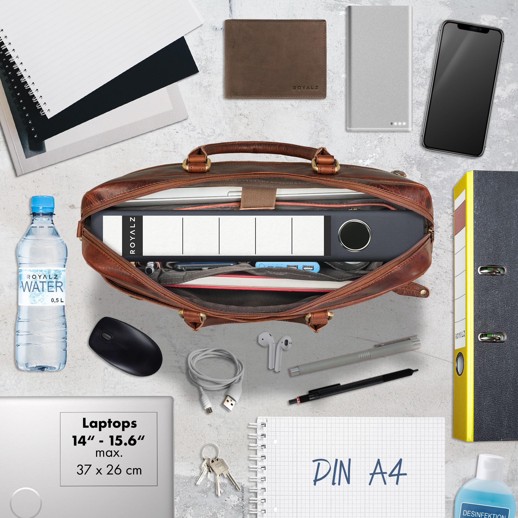 ROYALZ "Charleston” Cartella Ventiquattrore in vera pelle Uomo/Donna Grande - Borsa pc 15.6 pollici Piatta da utilizzare come borsa a mano o Borsa 24 Ore portadocumenti