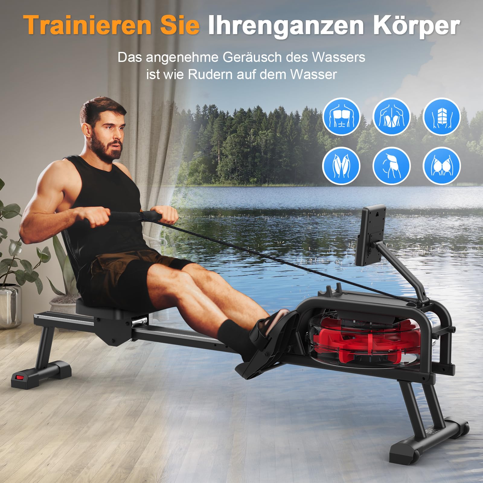 Neezee Rudergerät für zuhause, Rudergerät Wasser mit Professioneller Tablet-Halterung, Max 150kg Belastbar, Vertikale Lagerung, Einfache Bewegung