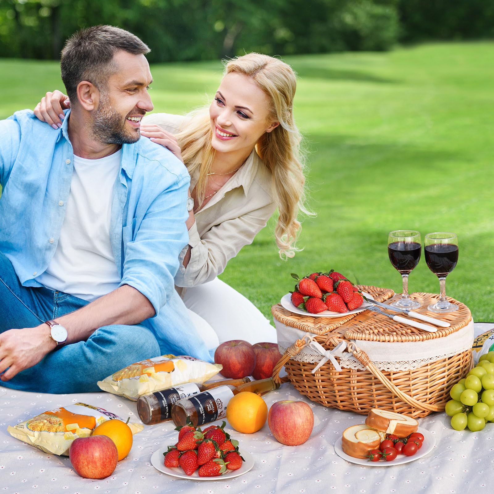 Happypicnic Cesta de picnic de mimbre con asa, cesta de picnic vacía grande de 15 pulgadas con tapa y forro extraíble, cesta vintage tejida a mano para picnics, camping, recogida de verduras, día de