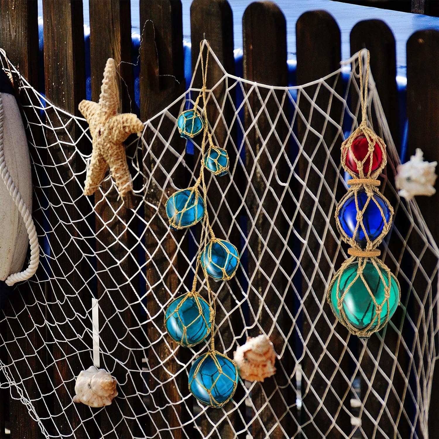 SAILINGSTORY Glass Fishing Float Buoy String of 6 Blue Balls Nautical Decor Coastal Beach Ornaments for Christmas Tree