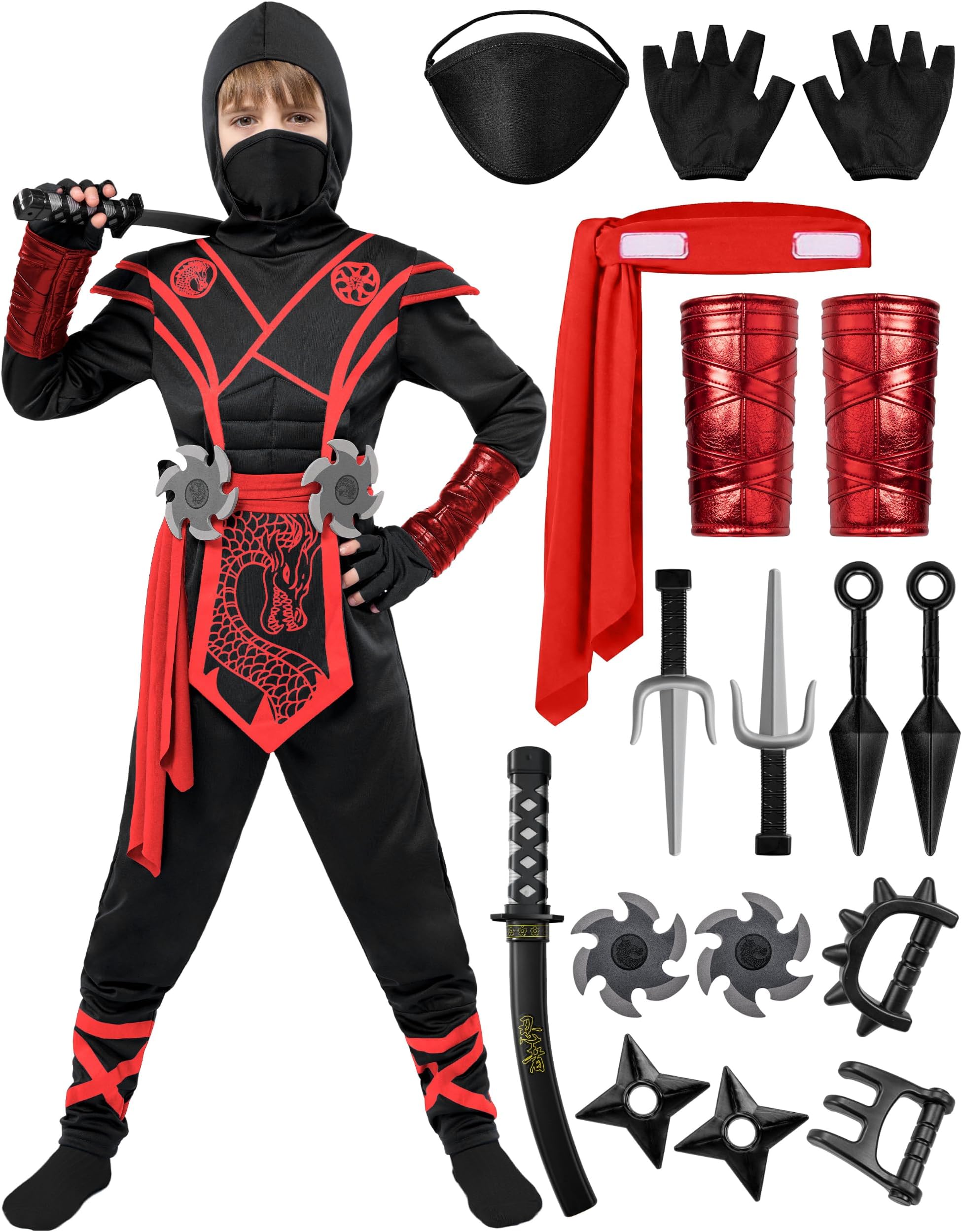 Halloween Ninja Costume Kids, Ninja Dragon Jumpsuit Set, Boys Halloween Costume for DressUp Party