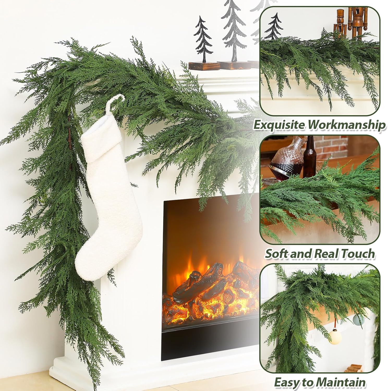 Jutom 1 PCS 9 ft Christmas Cedar Garland - Green Artificial Realistic Cedar Garland Faux Decoration for Table, Mantel, Wall Winter Holiday Party - Image 4