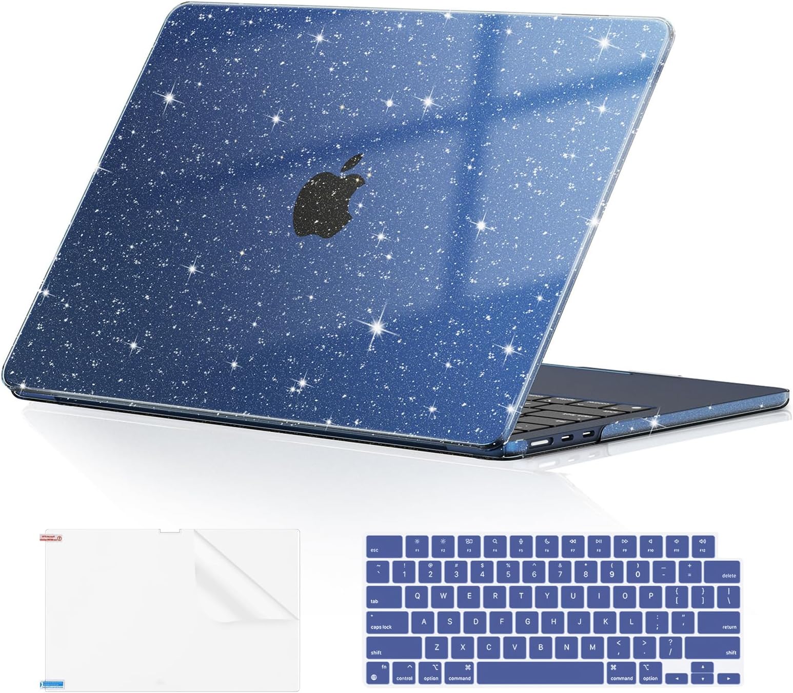 EooCoo Case Compatible with MacBook Air 13 inch 2024-2022 Release M3 M2 A3113 A2681, Glitter Hard Shell&Keyboard Skin Cover&Screen Protector for Mac Air 13.6 inch Case, Sparkly Midnight