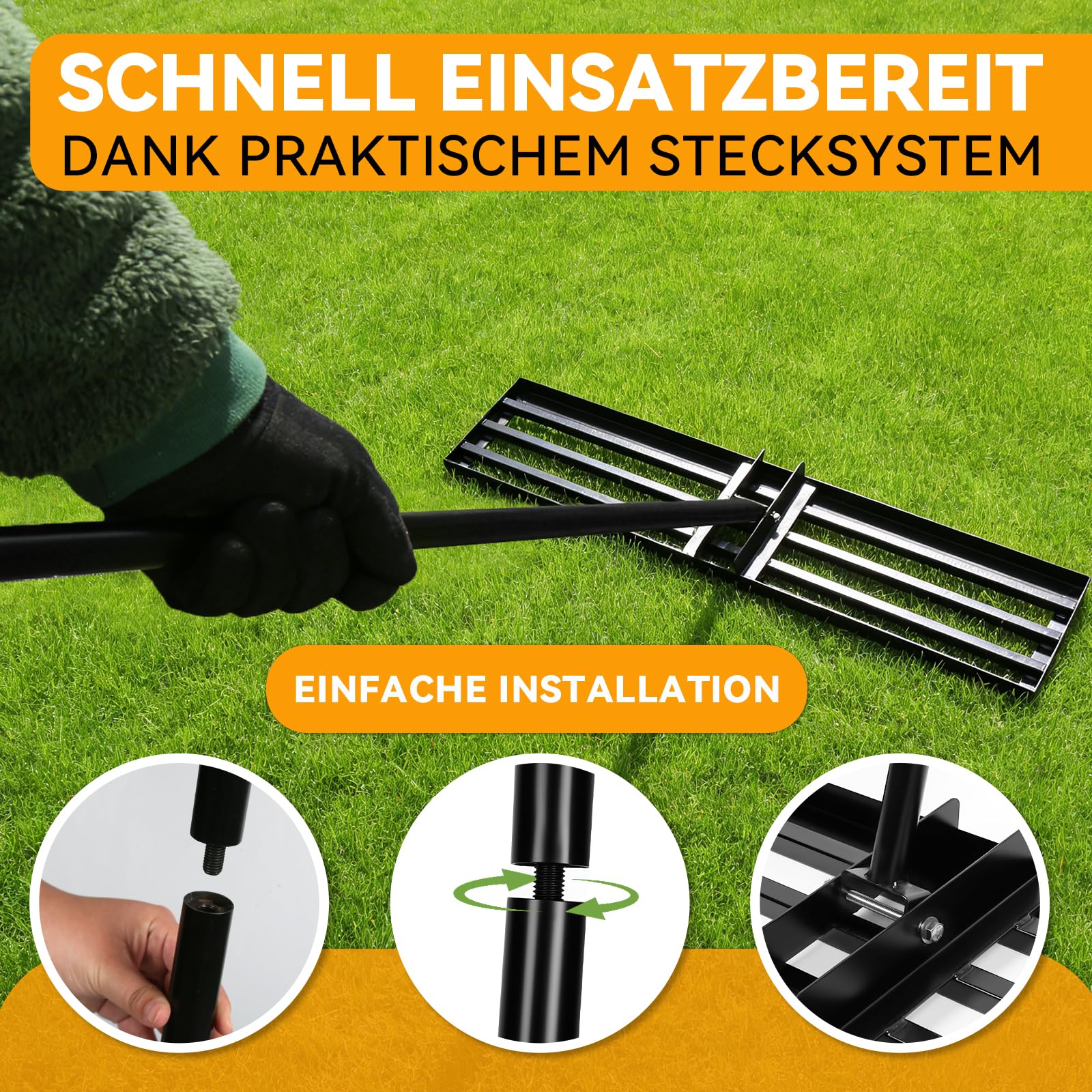 Warmfay Rasenrechen 75x25 cm inkl. 2M Verstellbarem Metallstiel mit Gewinde-Verschraubungssystem, Handlicher & Robuste Rasen Nivellierrechen für Garten, Golfplatz, Rasenpflege, Rasen Sanden