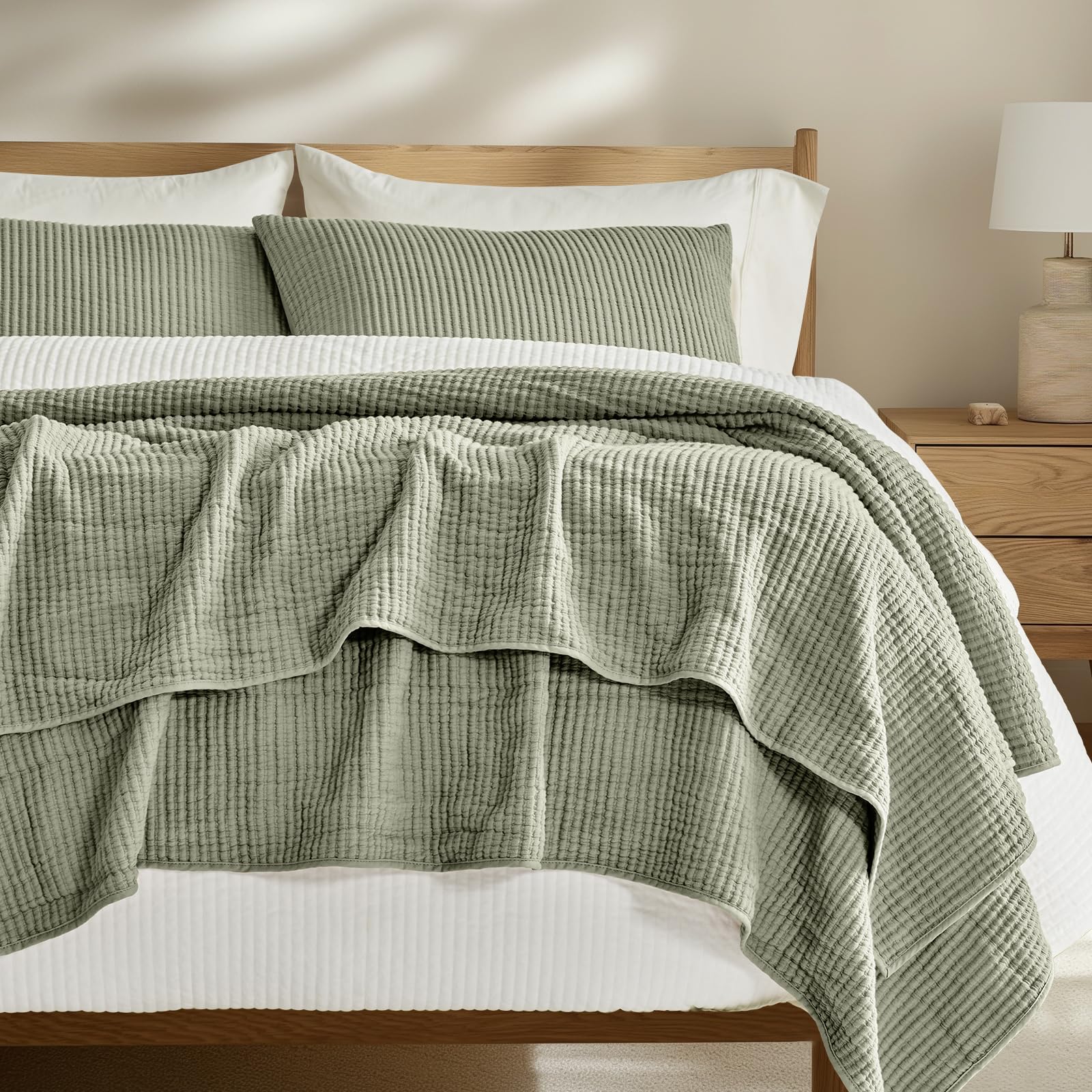 EverGrace Cotton Ribbed Matelassé Coverlet Set, Queen, Light Sage Green