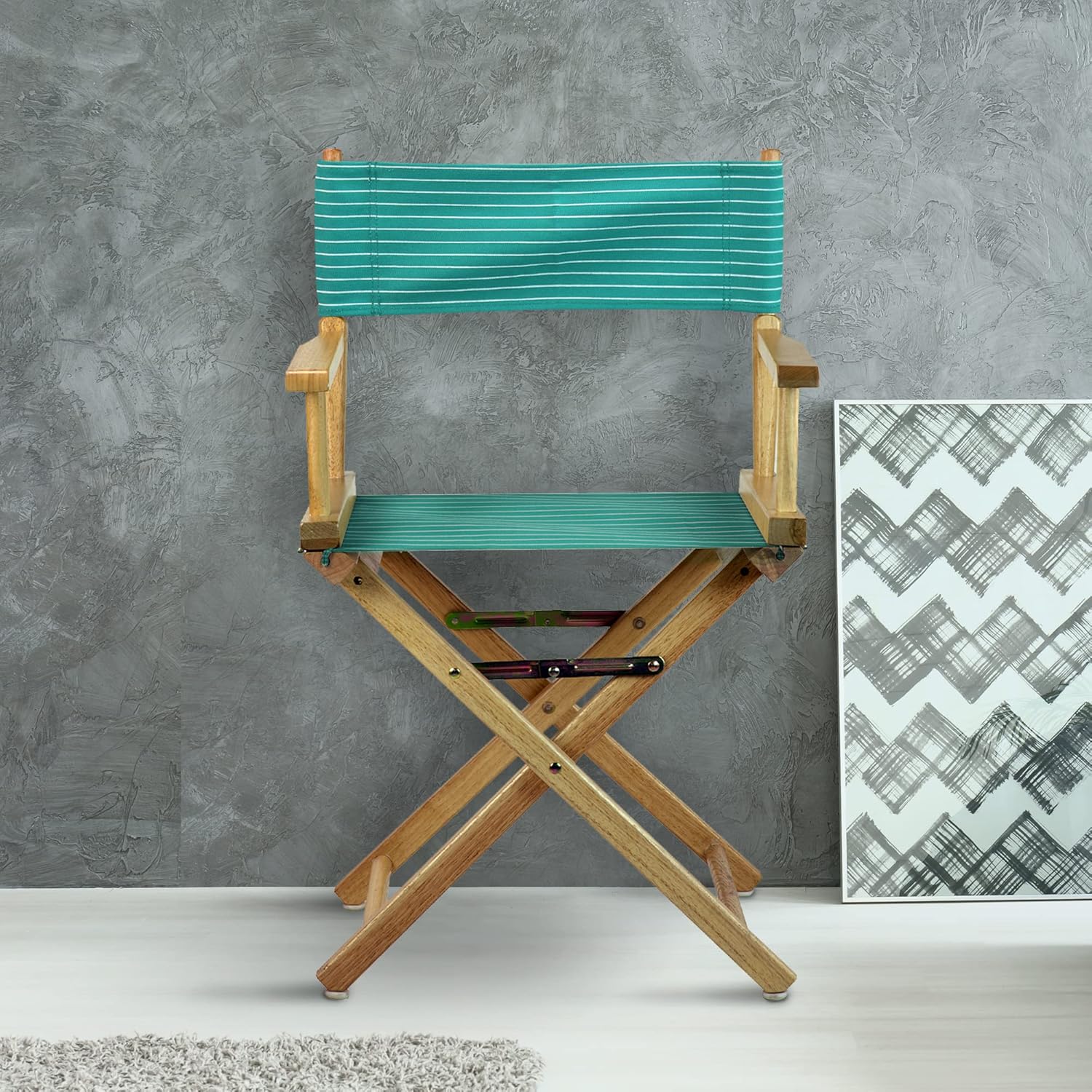 Casual Home Natural Frame/Teal Pin Stripes Canvas 18" Classic Height Directors-Chairs, 21.75" W x 17" D x 33.75" H