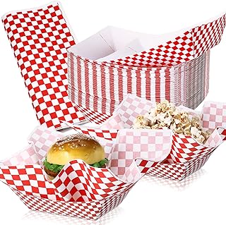Geosar 100 Pcs Gingham Party Supply Disposable Paper Food Tray Bulk Disposable Food Boat with Checkered Wax Paper Sheet Checkered Wrapping supply for Carnival Picnic Birthday Party (Red)