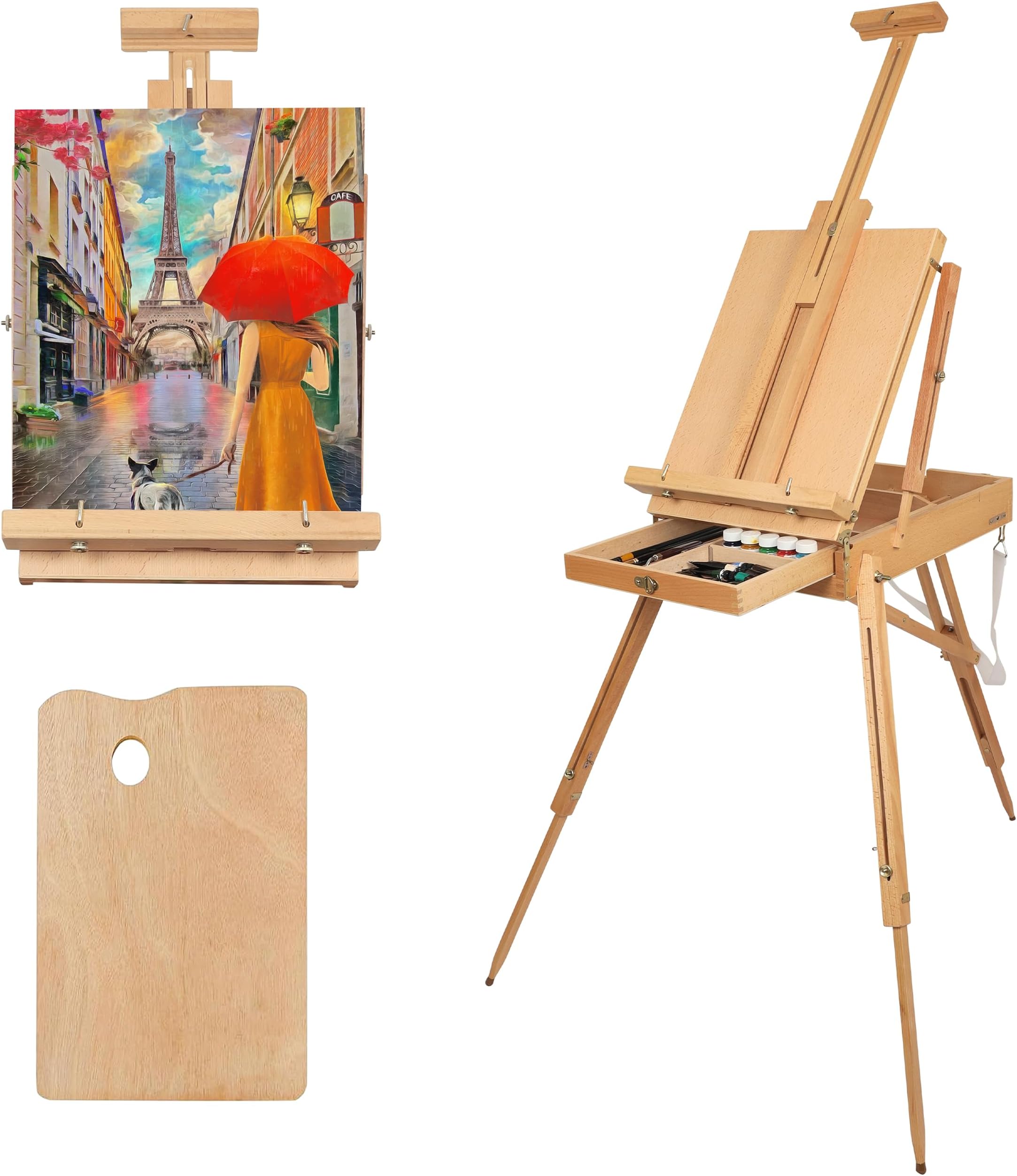 Kurtzy 180cm/70 Inches Wooden French Easel with Sketch Box - Portable Tripod Easel Stand with Artist Drawer and Painting Palette - Adjustable H-Frame Artist Easel for Paintings & Portraits