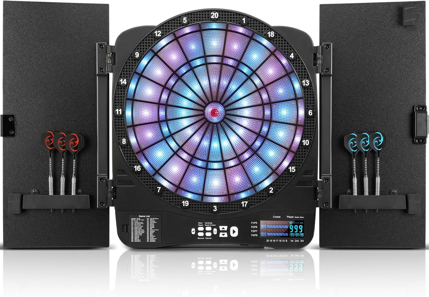 Electronic Dart Board Cabinet Set, Illuminated Target Dartboard for Adults, 48 Games with 315 Variations Soft Tip Digital Dartboard Cabinets with 6 Darts, 100PCS Soft Tips