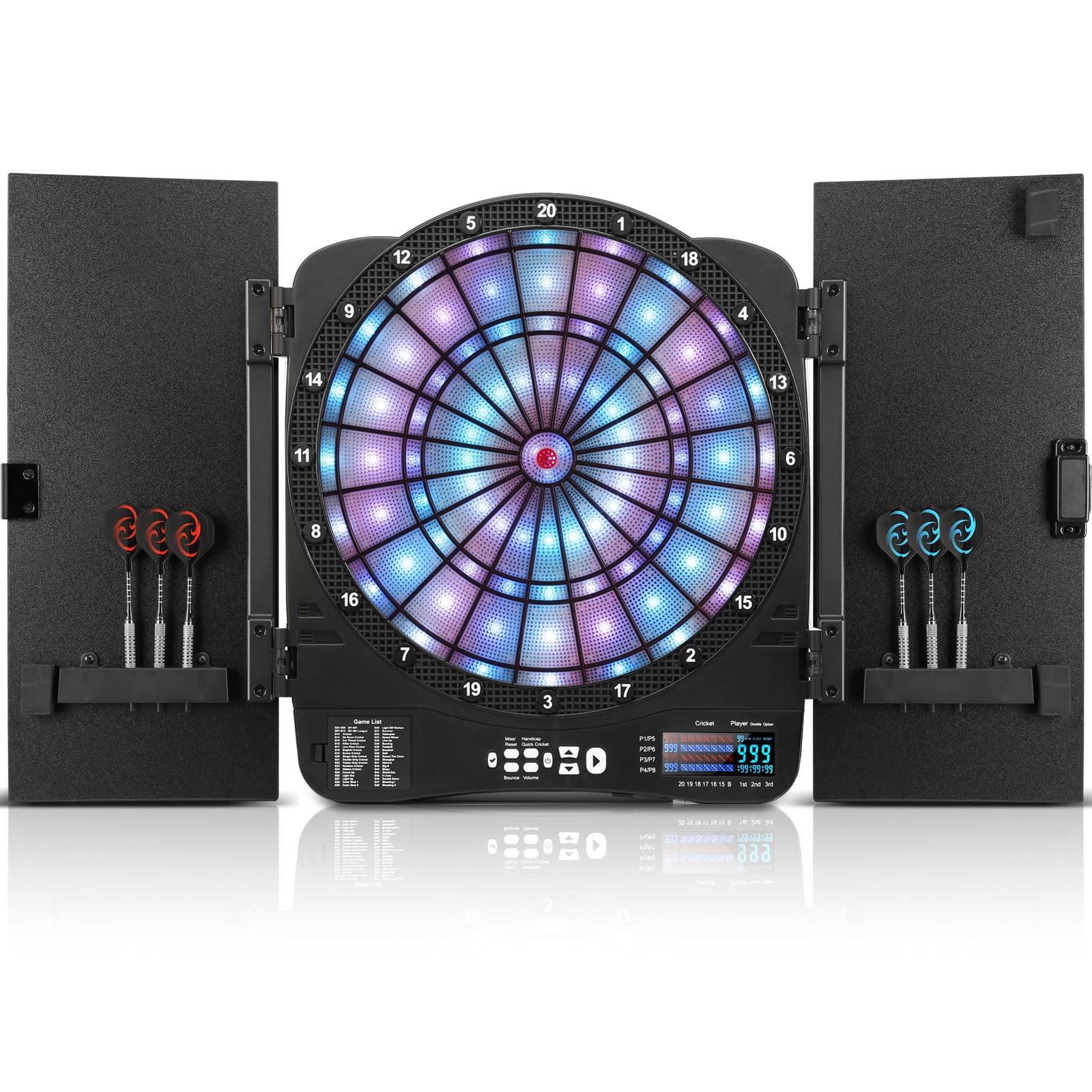 Electronic Dart Board Cabinet Set, Illuminated Target Dartboard for Adults Kids, 48 Games with 315 Variations Soft Tip Digital Dartboard Cabinets with 6 Darts, 100PCS Soft Tips