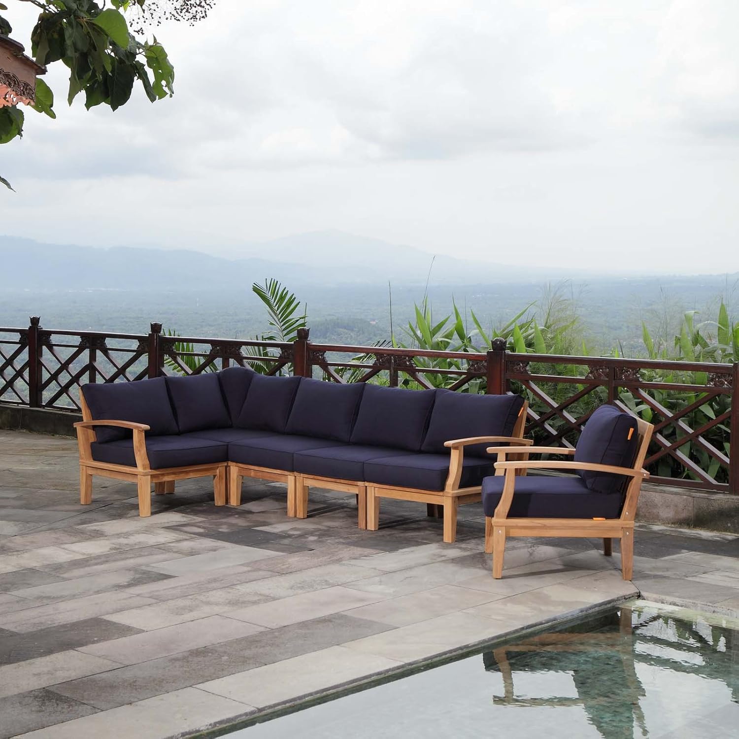 LexMod 6 Piece Marina Outdoor Patio Teak Sofa Set, 65 by 120 by 31.5", Natural White